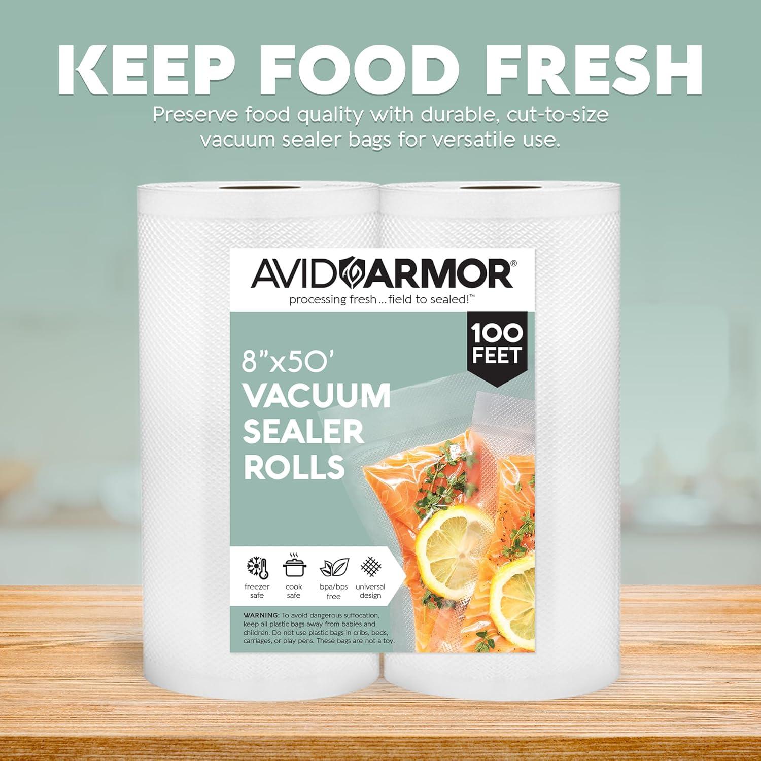 Avid Armor Vacuum Seal Bags, 8"x50' Vacuum Sealer Rolls, BPA Free Food Saver Bags for Sealer, 2 Pack