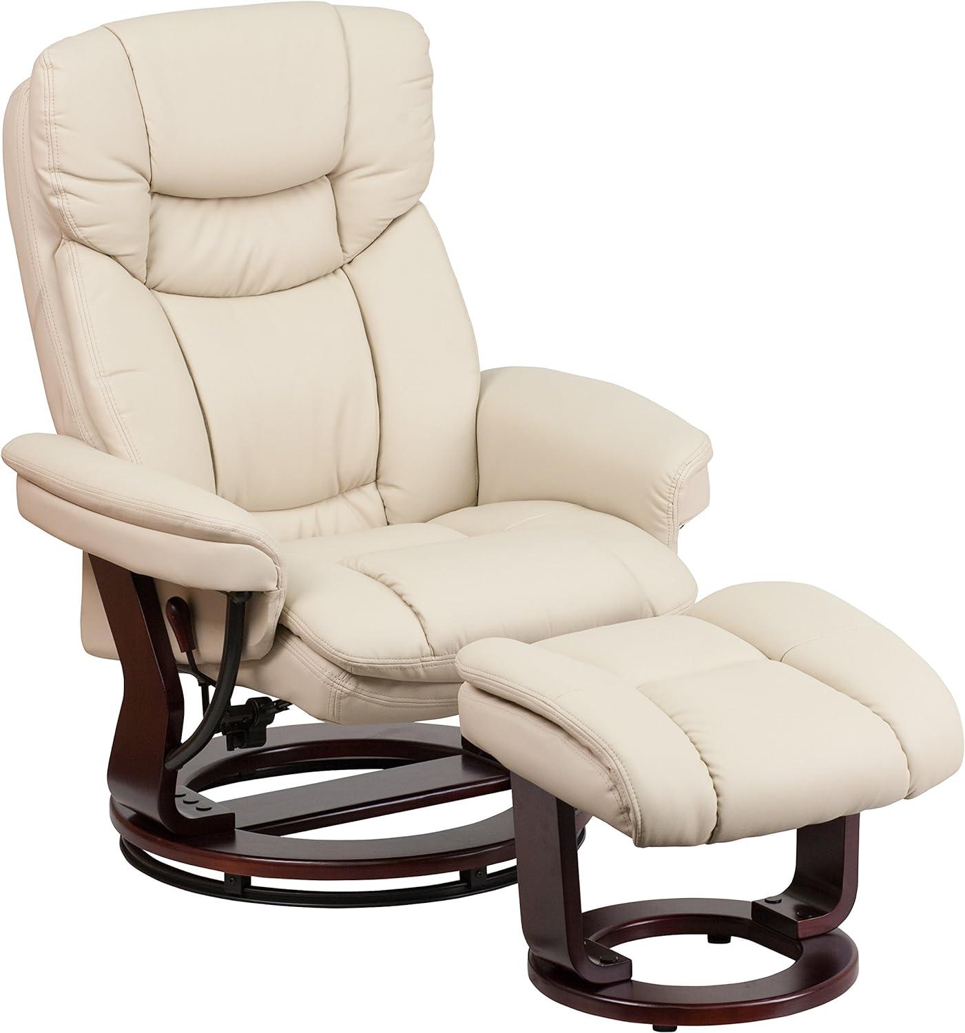 Beige Faux Leather Swivel Recliner with Mahogany Wood Base and Ottoman