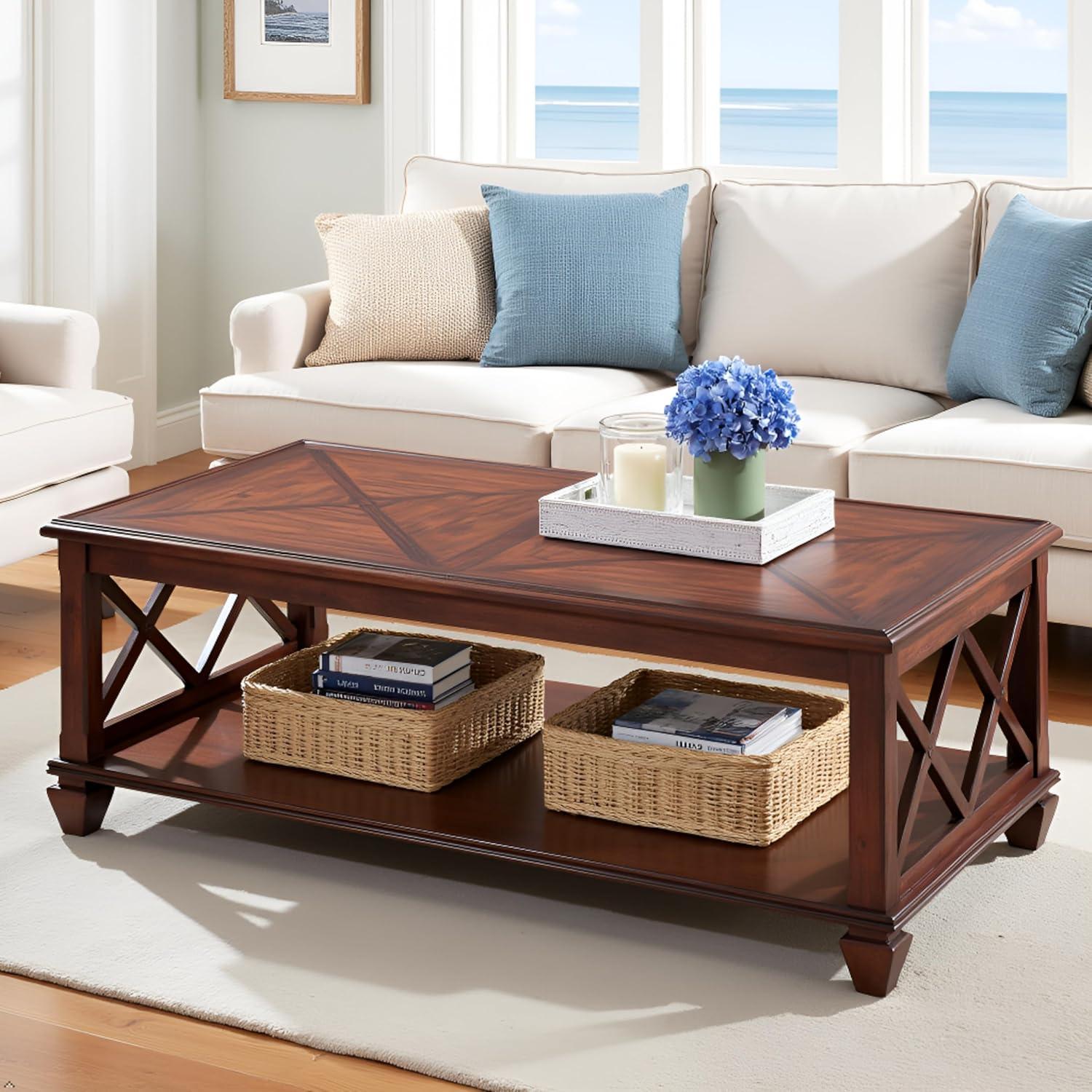 45" Bridgton Wood Coffee Table Cherry - Alaterre Furniture: Mid-Century Modern, Lower Shelf