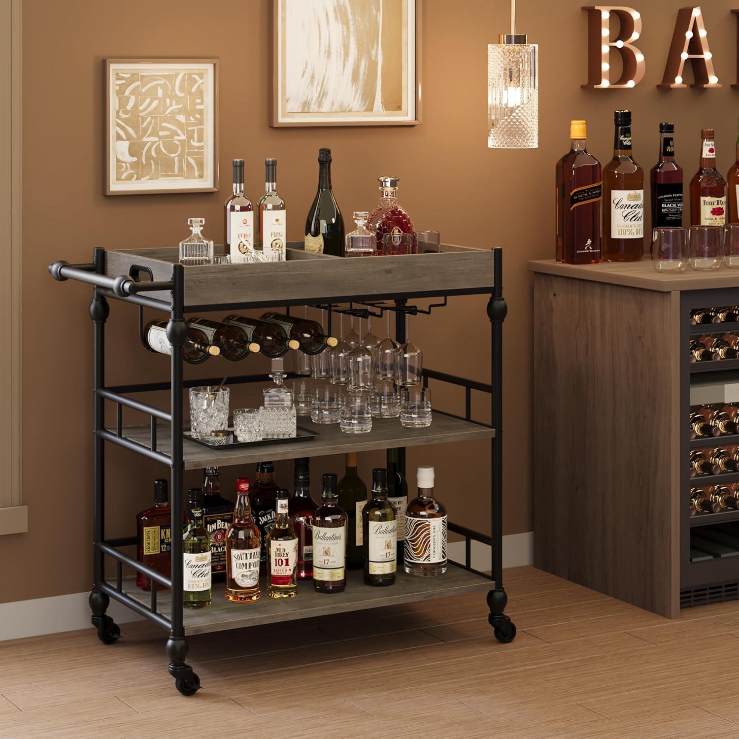 Bar Cart, Bar Carts for The Home, 3 Tier Bar Cart with Wheels, Portable Home Bar & Serving Carts, Rolling Cart with Wine Rack and Removable Tray for Living Room, Kitchen, Dining Room