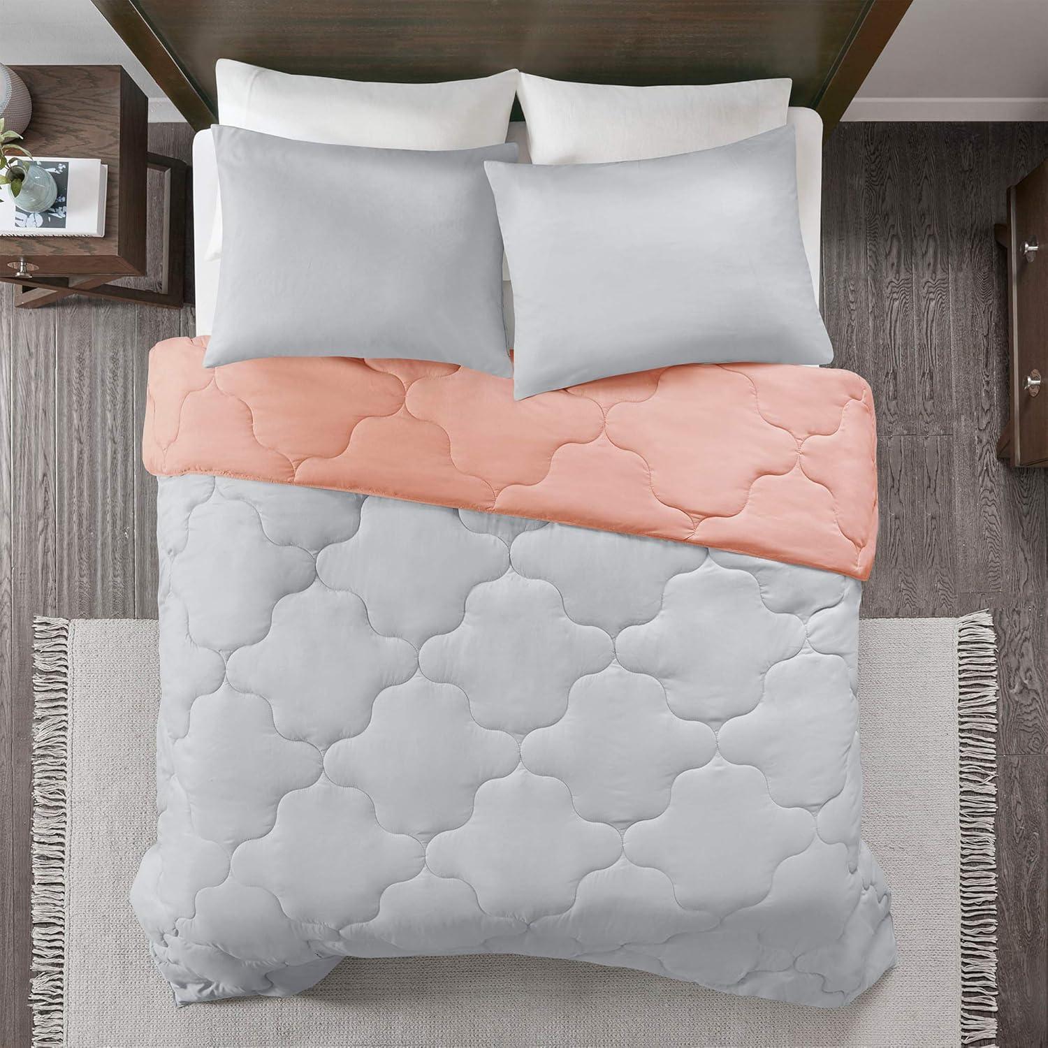 Full Coral and Light Gray Reversible Microfiber Comforter Set