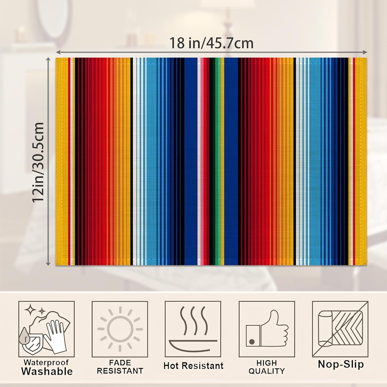 Rainbow Colorful Stripe Mexican Placemats Set of 6,Ethnic Mexican,Waterproof Non-Slip Washable Table Mats Set for Kitchen Dining Holiday Party Wedding Decor 12x18 Inch