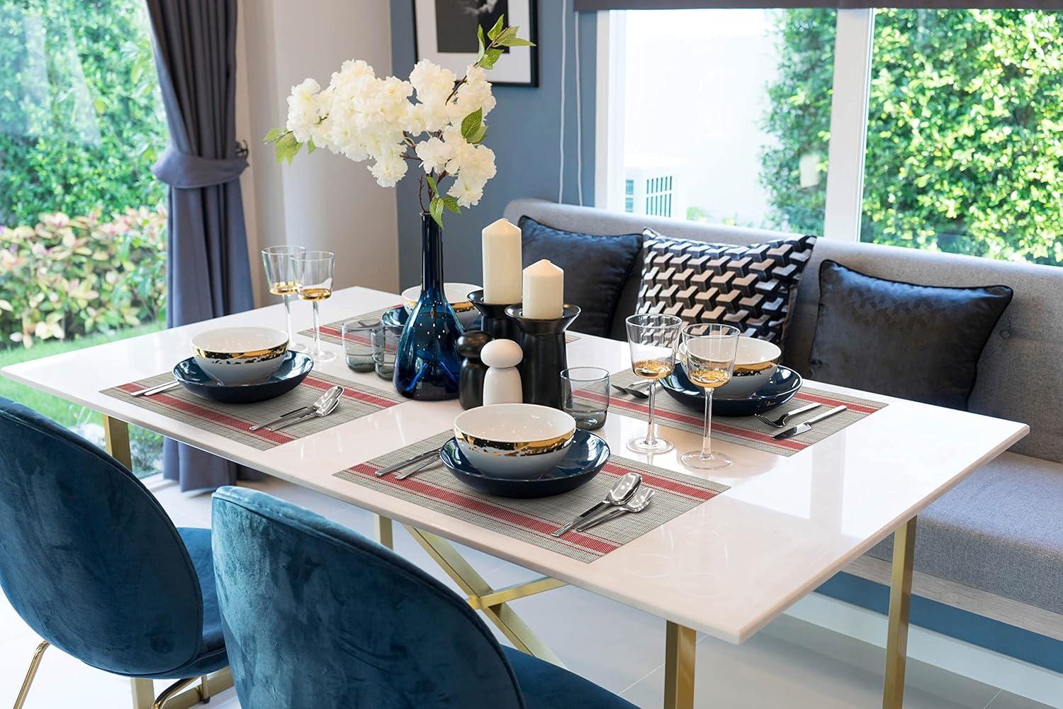 More Décor Dining Table Placemats, Washable Heat-Resistant PVC Vinyl Table Mats for Dining Room and Kitchen, Anti-Slip - Set of 6 - Horizontal Striped Red - Grey