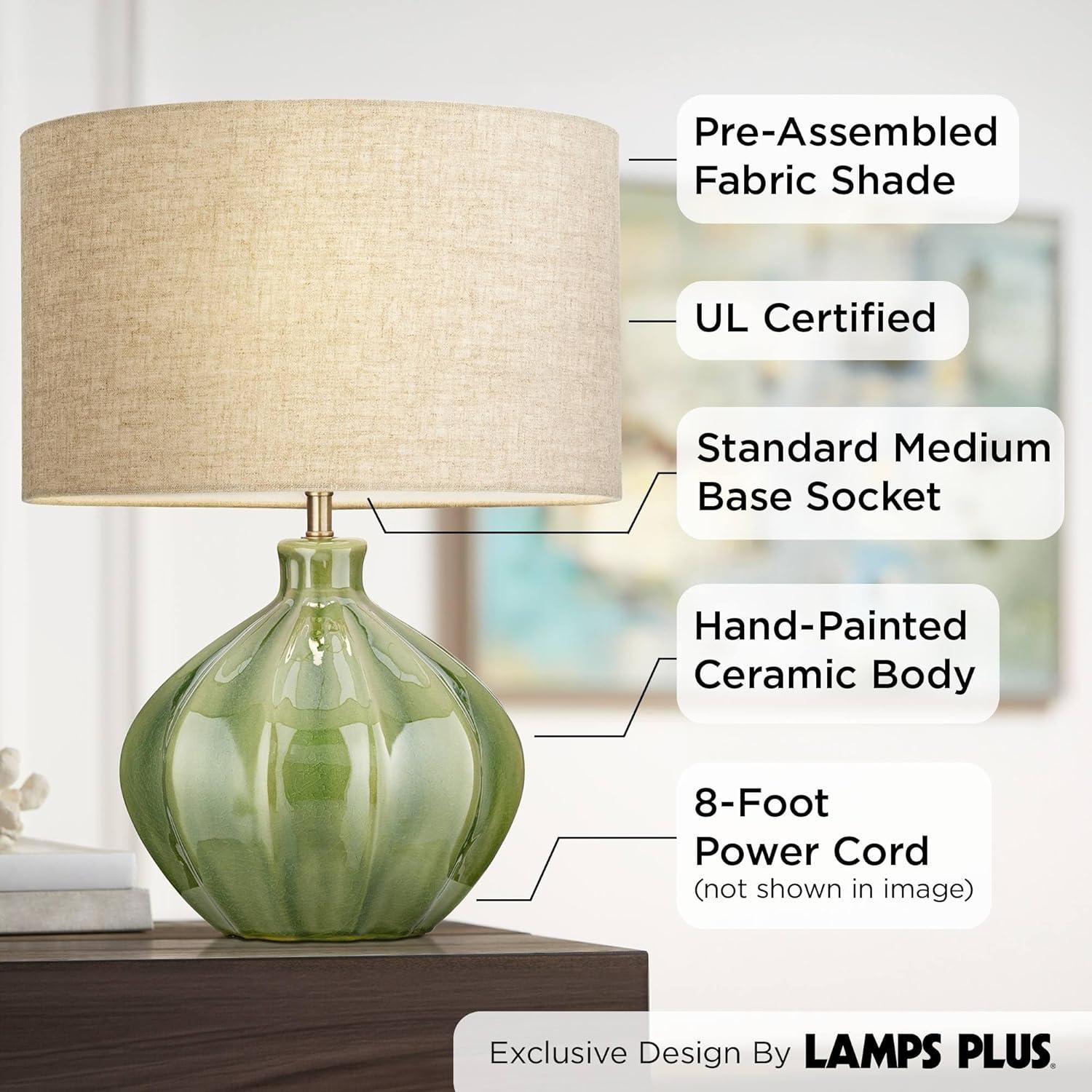 360 Lighting Gordy Modern Accent Table Lamp Handcrafted 20 1/2" High Ribbed Green Ceramic Oatmeal Fabric Drum Shade for Bedroom Living Room Bedside