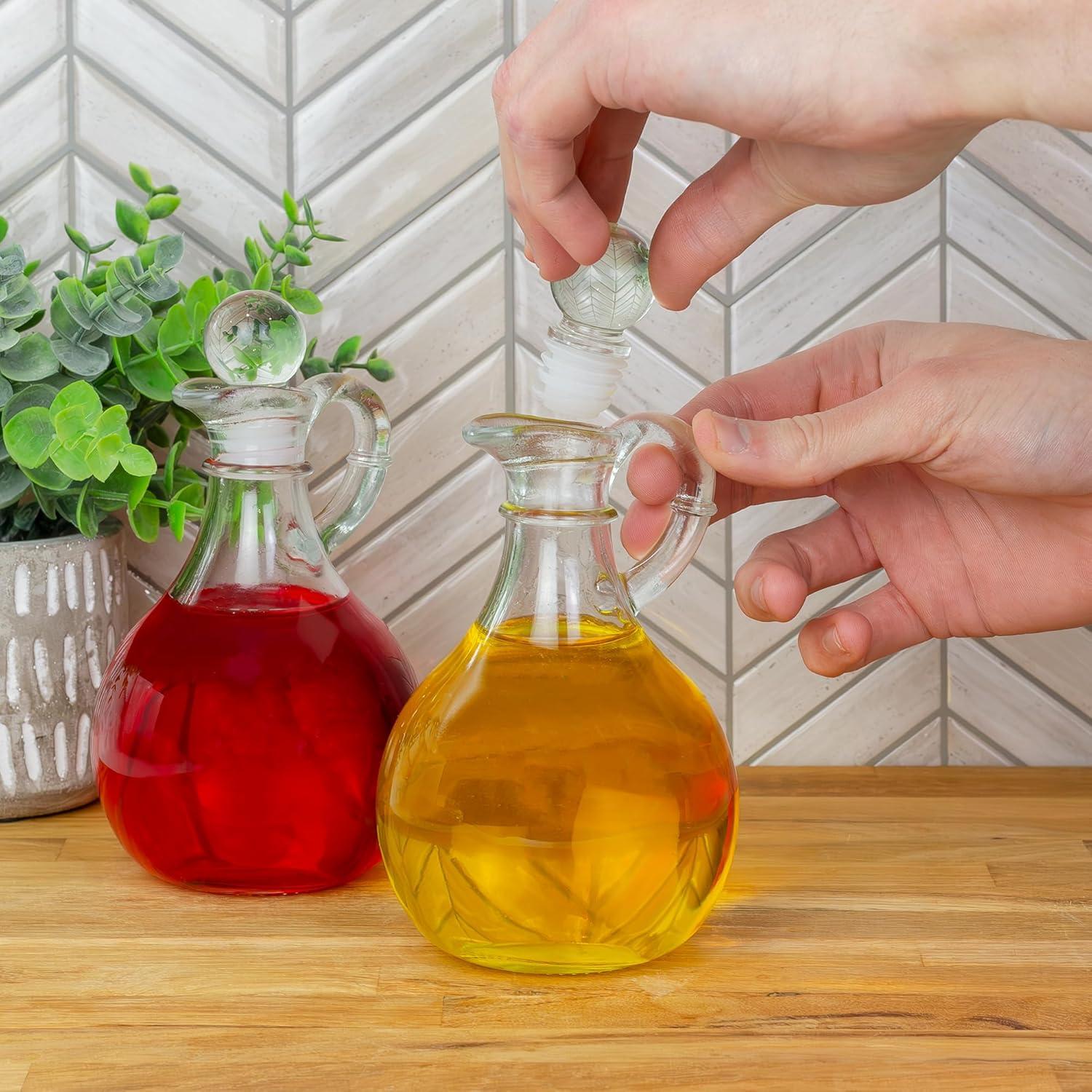 Cornucopia Brands 8oz Glass Oil and Vinegar Cruets (Set of 2); Round Oil Dispensers / Salad Dressing Bottles w/ Stoppers