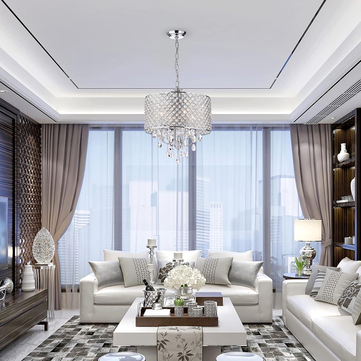 Chrome and Crystal 4-Light Drum Chandelier with Beaded Shade