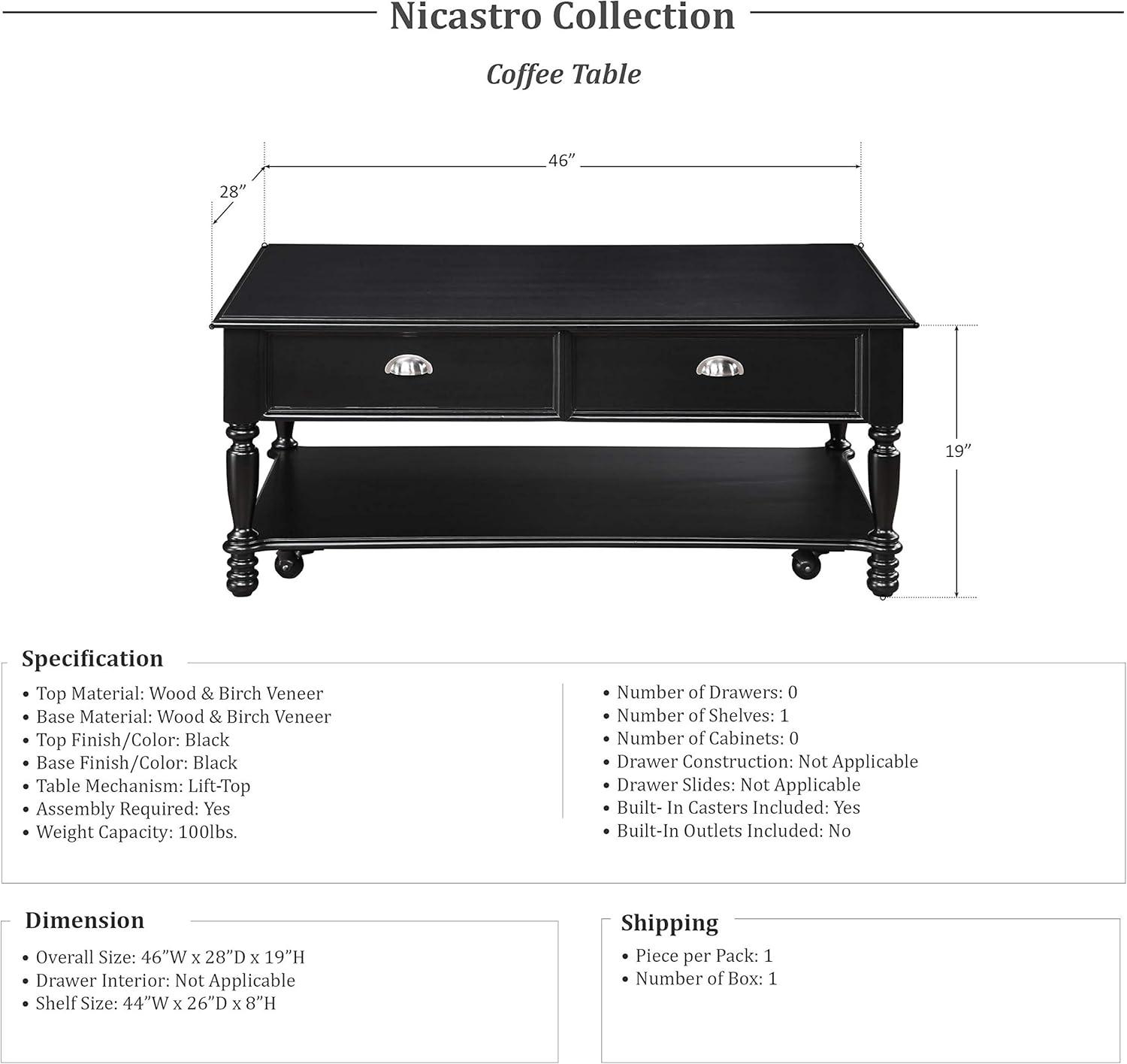 Black Veneer Rectangular Coffee Table with Storage Drawers
