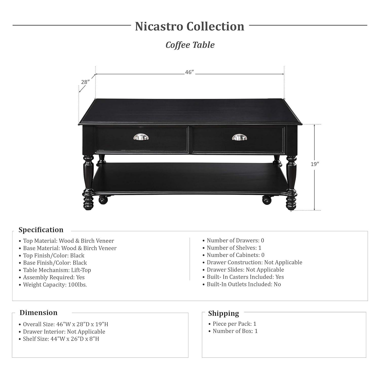 Black Veneer Rectangular Coffee Table with Storage Drawers