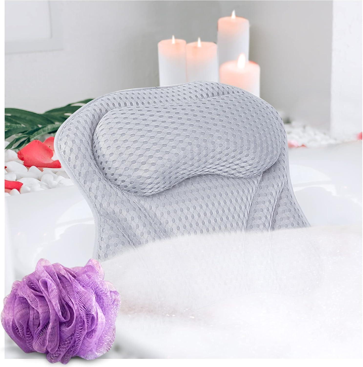 Grey 4D Mesh Bathtub Pillow with Suction Cups