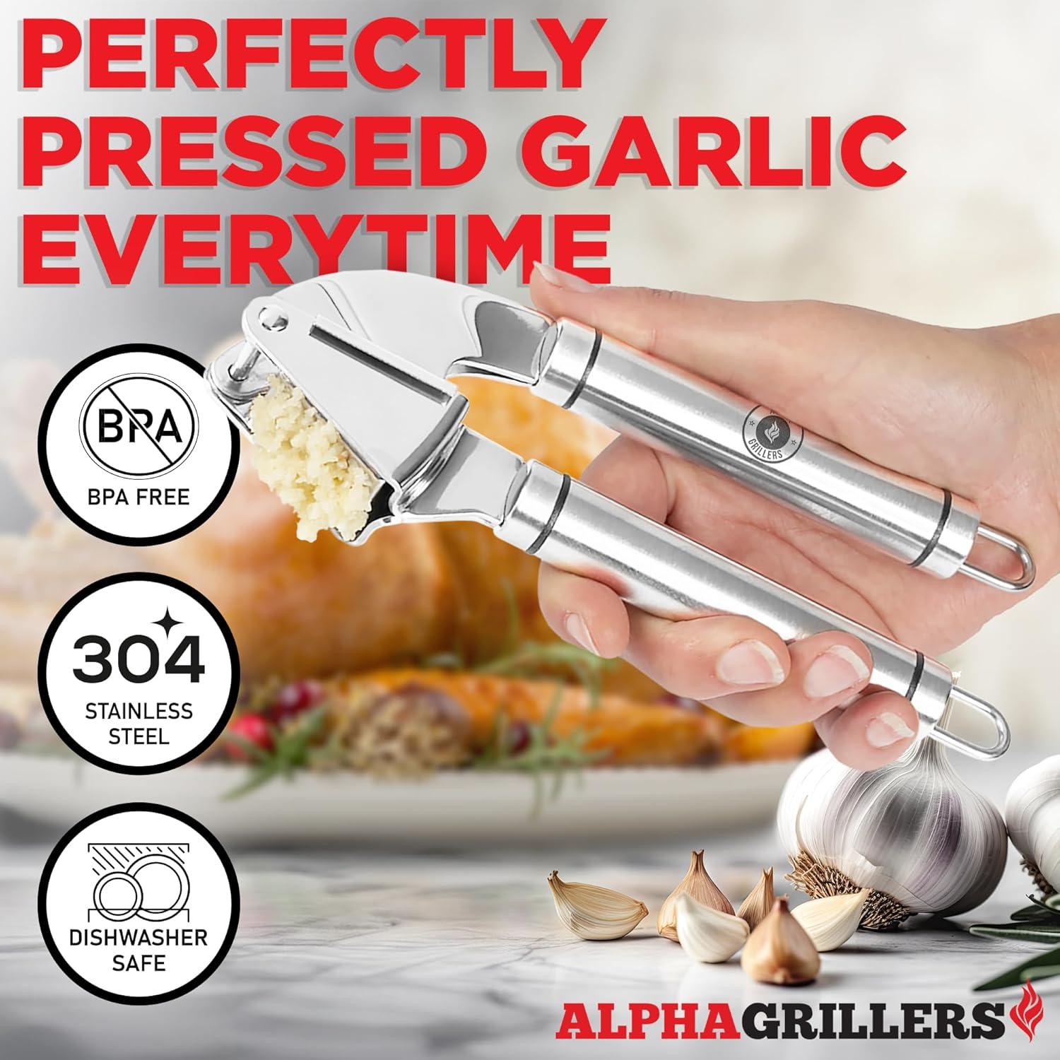 Alpha Grillers Garlic Press Stainless Steel Mincer and Crusher with Silicone Roller Peeler. Rust Proof, Easy Squeeze, Dishwasher Safe, Easy Clean