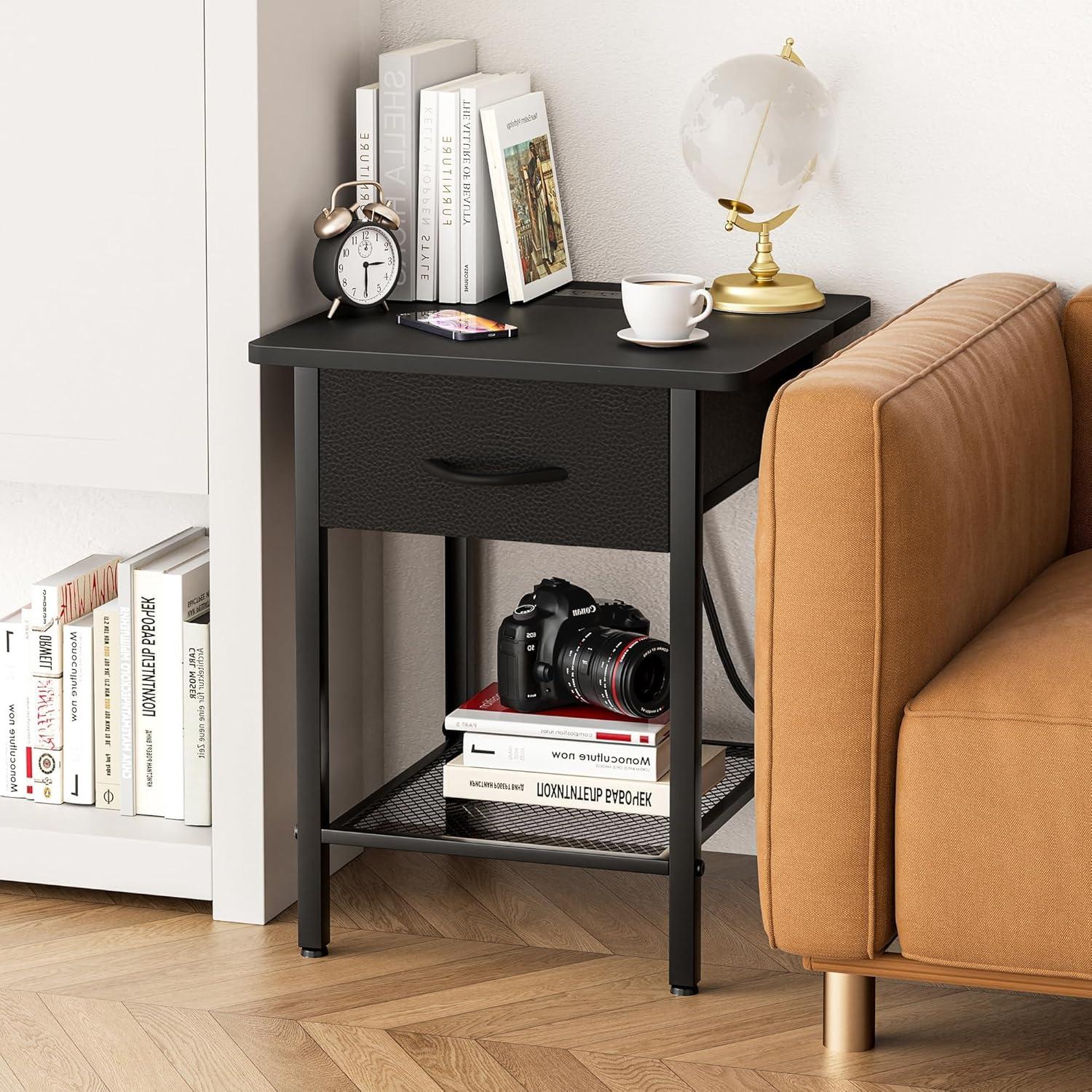 17 Stories Nightstands Set Of 2 With Charging Station And Fabric Storage Drawer,16.5" X 15.8" Side Table With Storage For Bedroom, Bedside Tables With Steel Fram