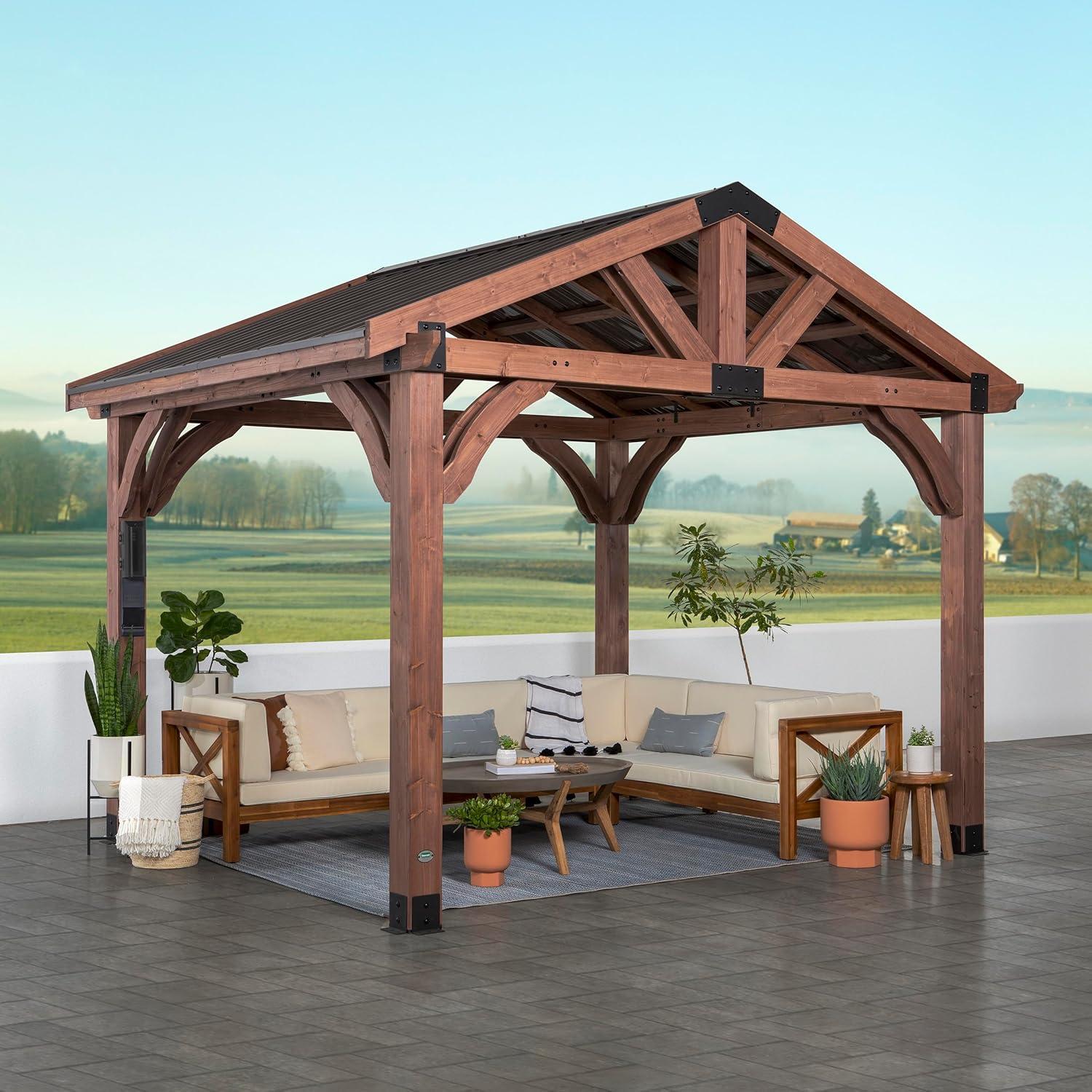 Backyard Discovery Backyard Discovery Granada 10' x 9' Cedar Wood Outdoor BBQ Grill Gazebo with Hardtop Galvanized Steel Roof and Bar Tops