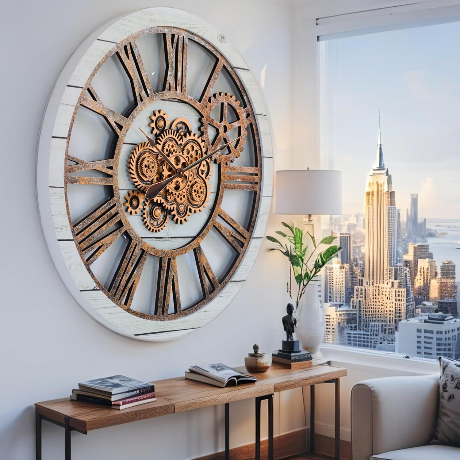 The Gears Clock Wall Clock 36" Round Oversized for Living Room decor with Real Moving Gears America Collection