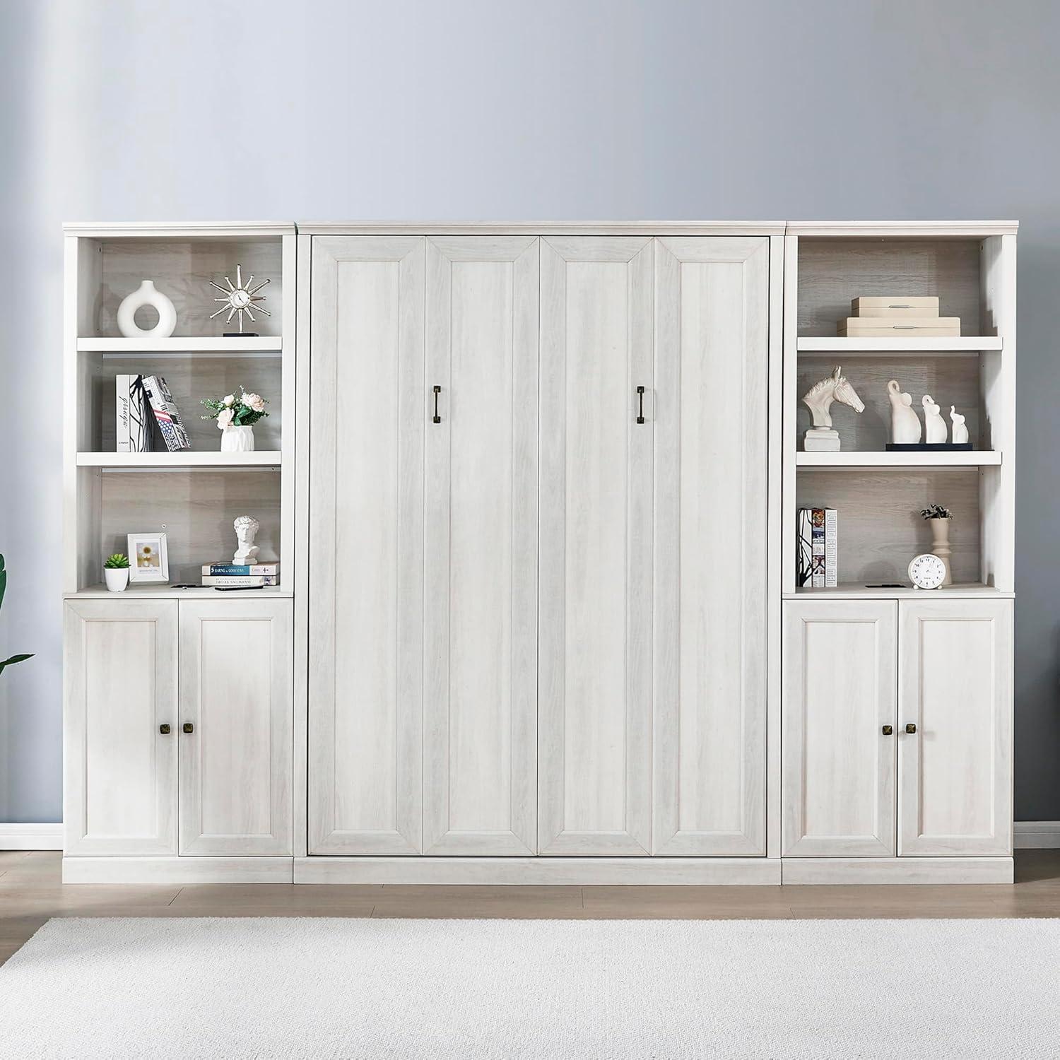 Rustic White Full Size Murphy Bed with Storage and USB Ports