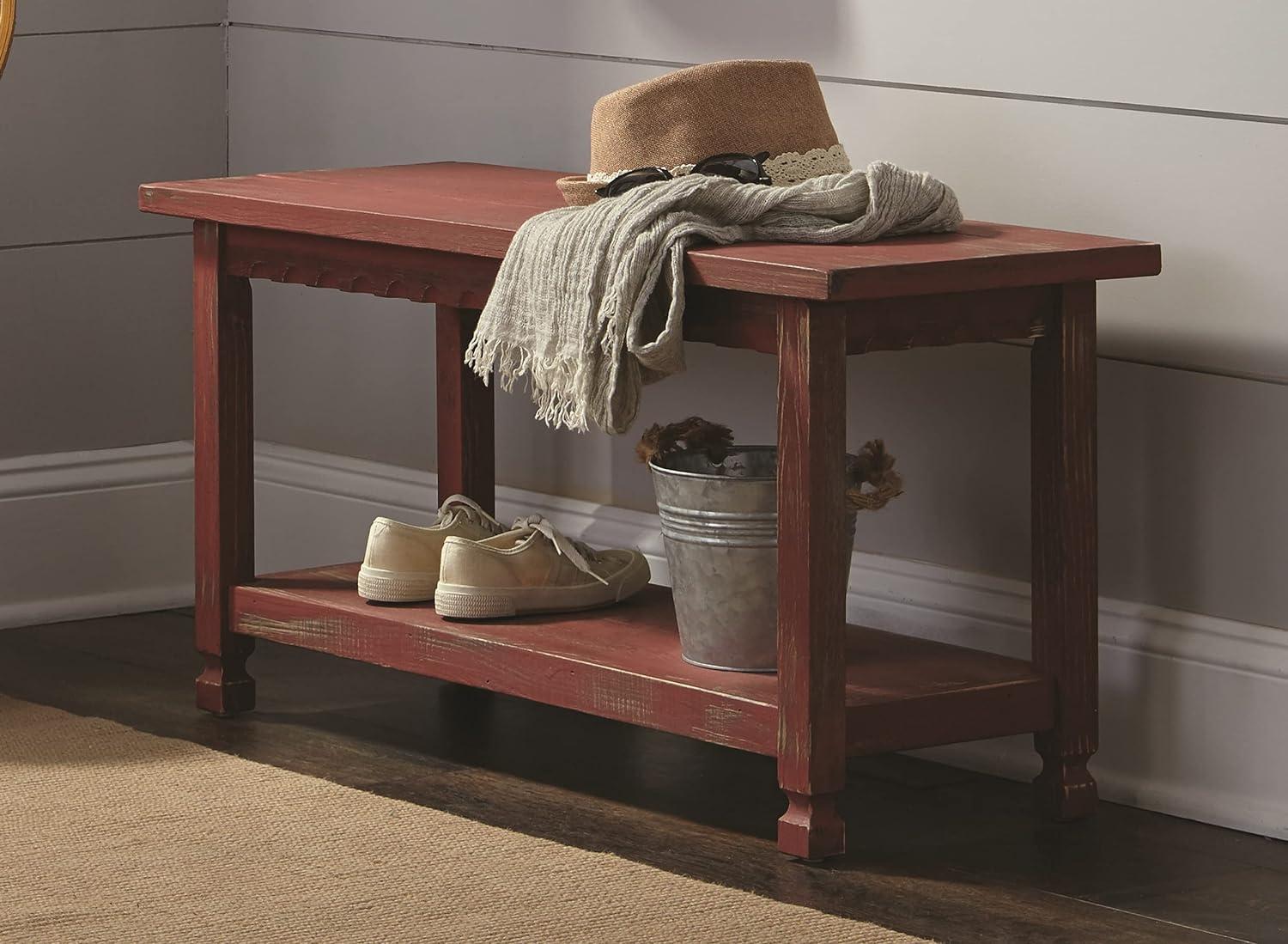 Antique Red Distressed Cottage Bench with Storage Shelf