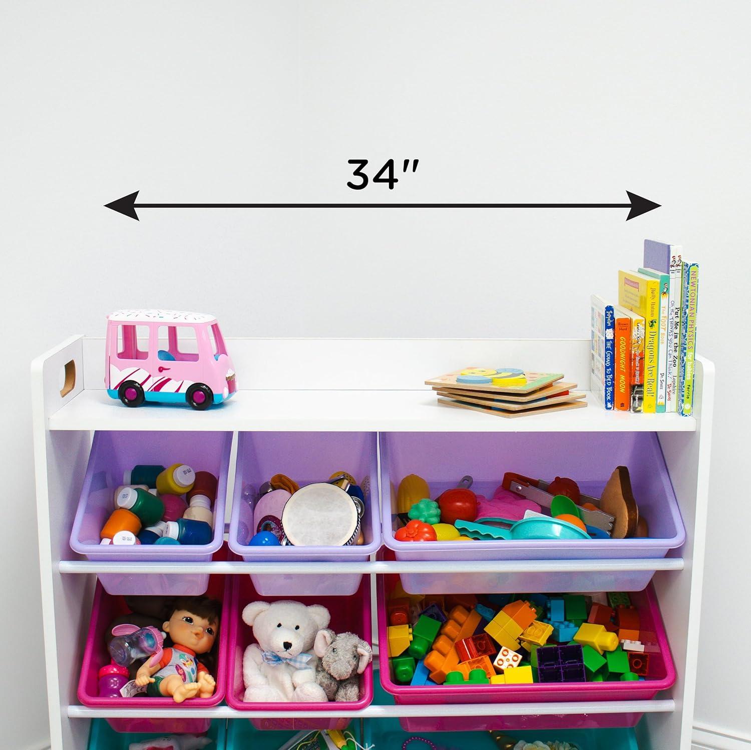 Humble Crew Forever Toy Storage Organizer with Shelf and 9 Plastic Storage Bins, White/Pink/Purple/Turquoise