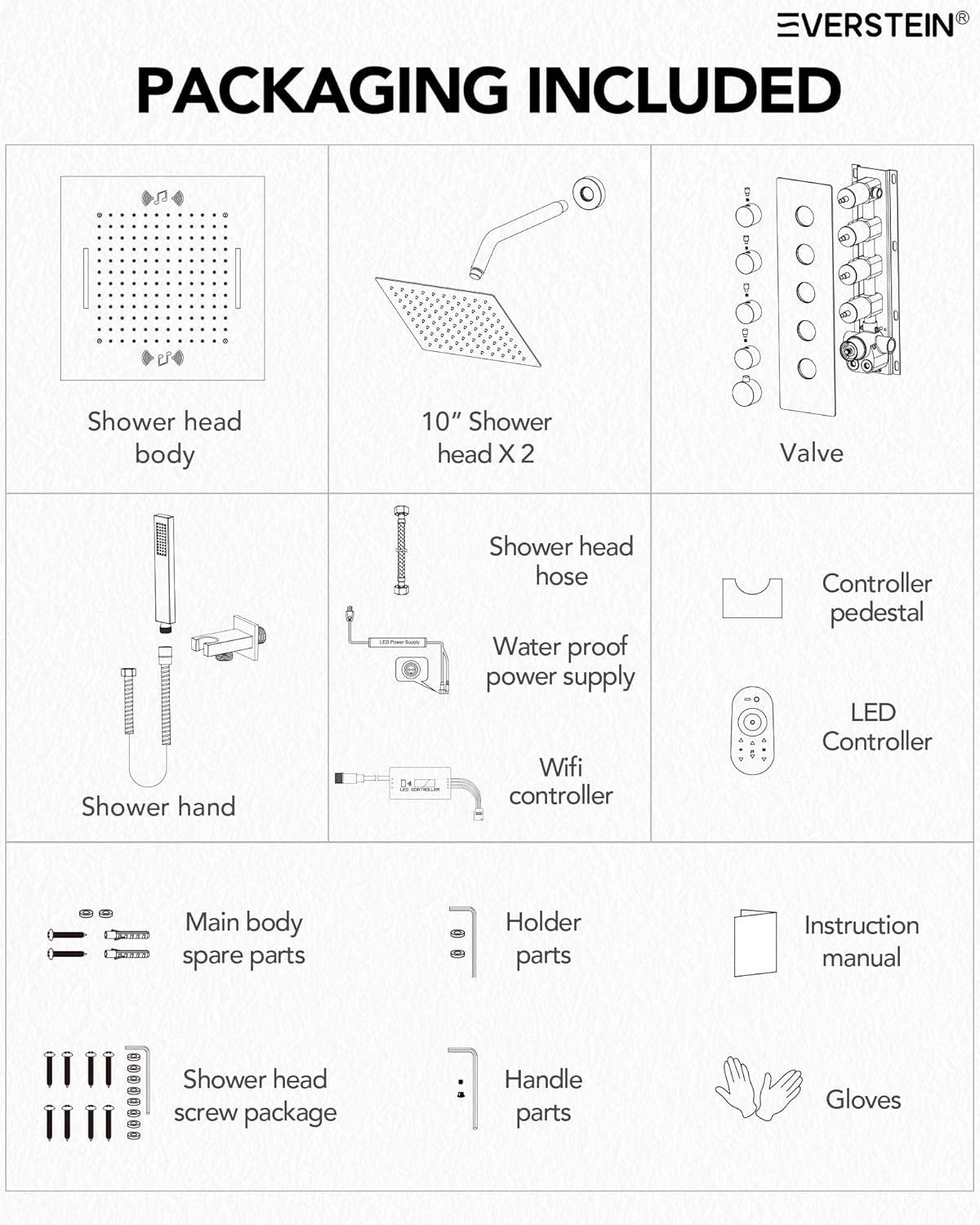 LED Thermostatic Shower Faucet 20" High-Pressure Triple Showerheads with Bluetooth Music