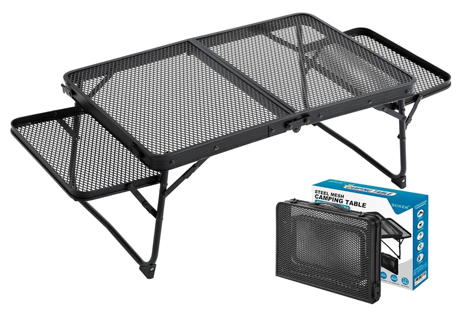 Small Low Camping Table with 2 Wing Panels, Folding Low Picnic & Outdoor Table with 2 Shelves, Lightweight & Easy Carry for Beach, Fishing, Sturdy Steel Mesh Top (3 FT, Black)