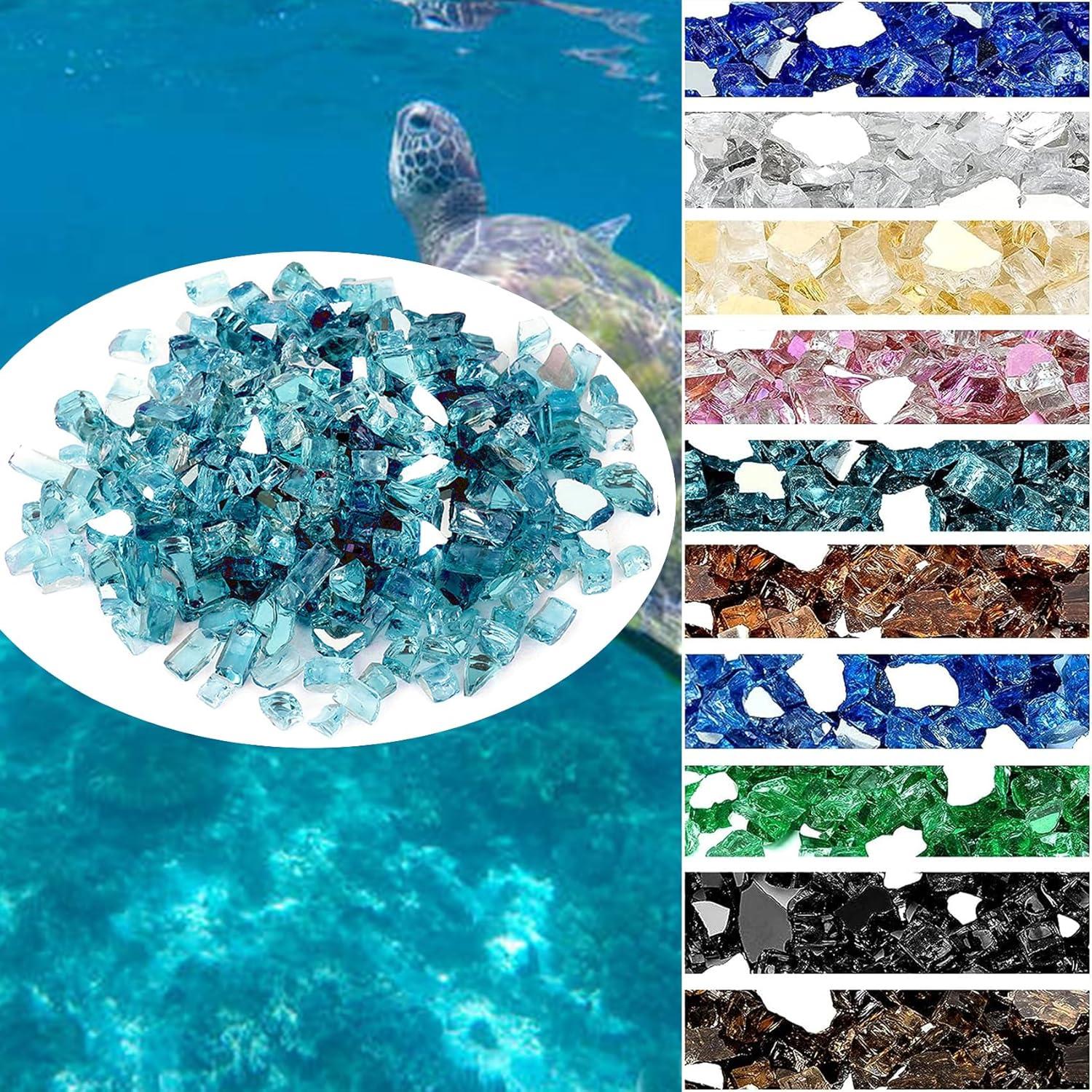 Only Fire 1/4" Aqua Blue Reflective Fire Glass Rocks, 10 lb, Decorate your garden, backyard, fish tank