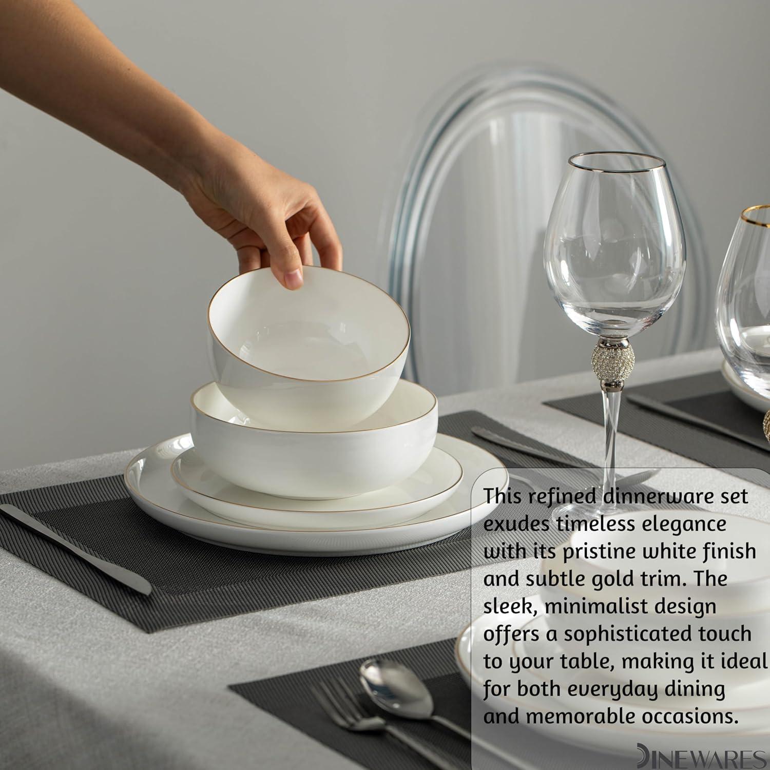 Dinewares White with Gold Rim Bone China Dinnerware Set - Service for 4, Includes Dinner Plates, Salad Plates, and Cereal or Soup Bowls