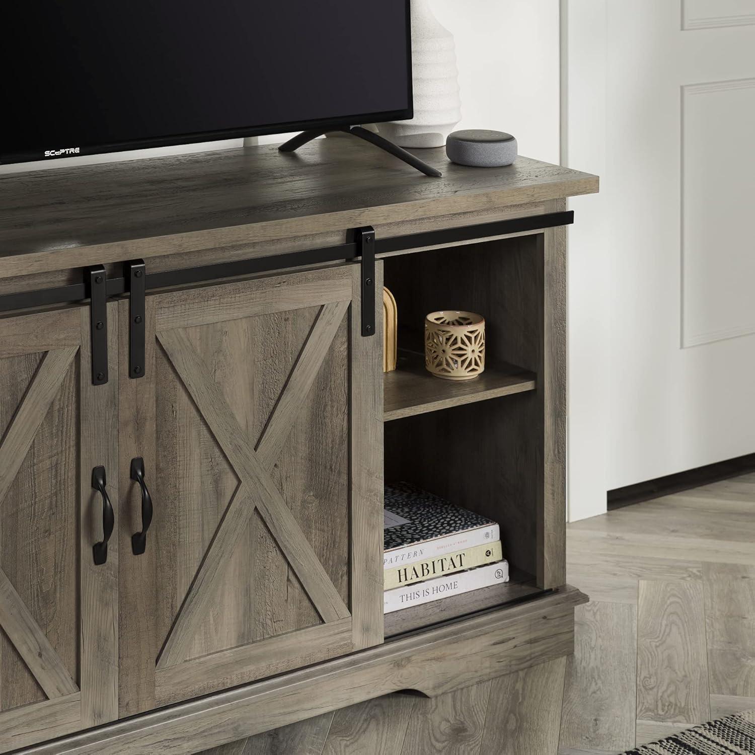 58" Modern Farmhouse Wood TV Stand with Sliding Barn Doors - Solid White Oak