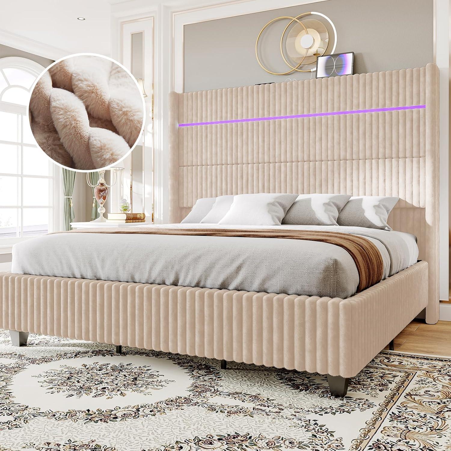 Ivy Bronx LED Bed Frame, Corduroy Upholstered Platform with 60" Tall Headboard & Charging Station