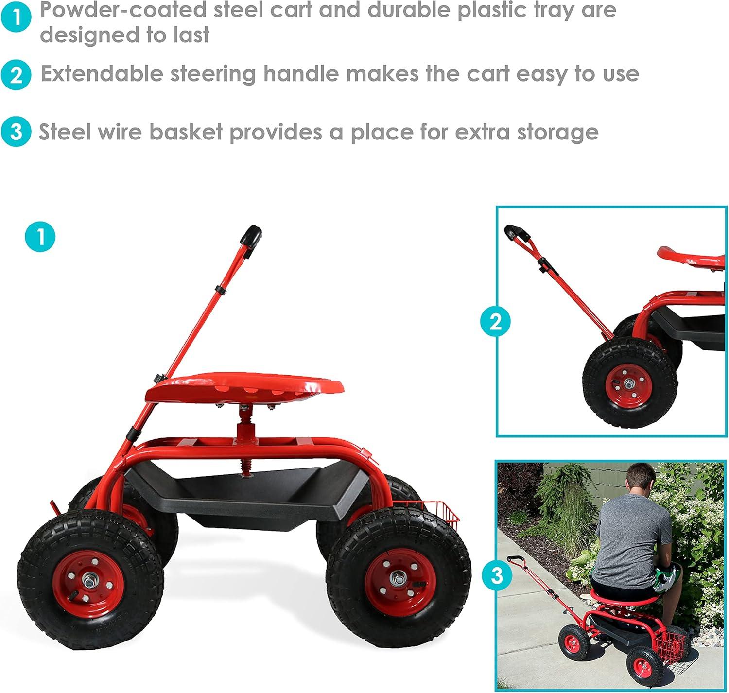 Sunnydaze Outdoor Heavy-Duty Steel Rolling Gardening Cart with Extendable Steer Handle, Swivel Chair, Tool Tray, and Basket - Red