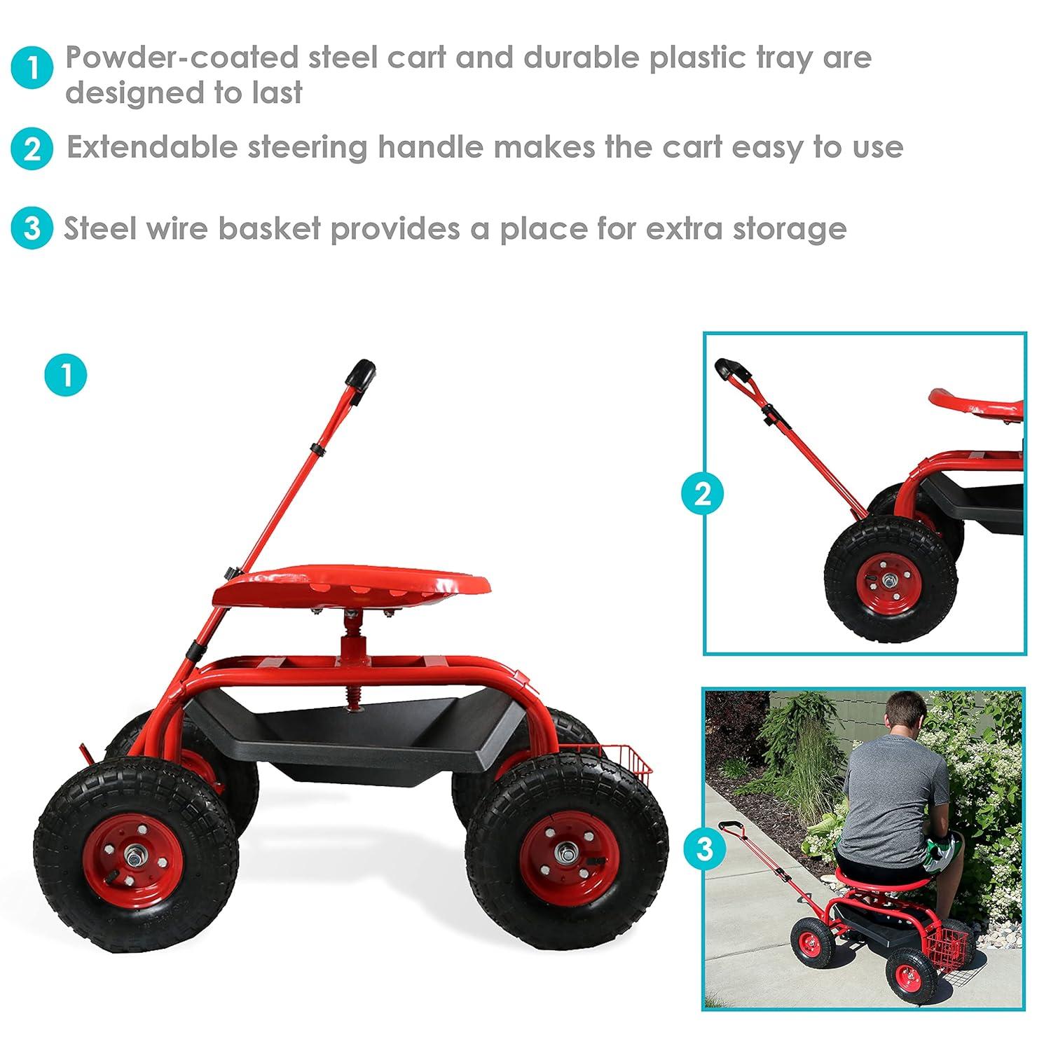 Sunnydaze Outdoor Heavy-Duty Steel Rolling Gardening Cart with Extendable Steer Handle, Swivel Chair, Tool Tray, and Basket - Red