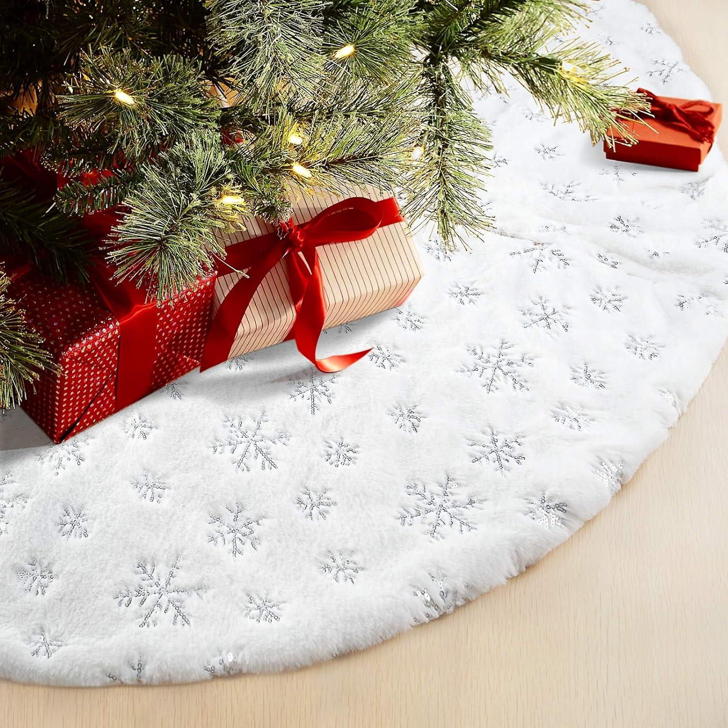 48 Inches Christmas Tree Skirt for Xmas Tree Holiday Party Decorations White Plush Silver Sequin Snowflake (Silver)