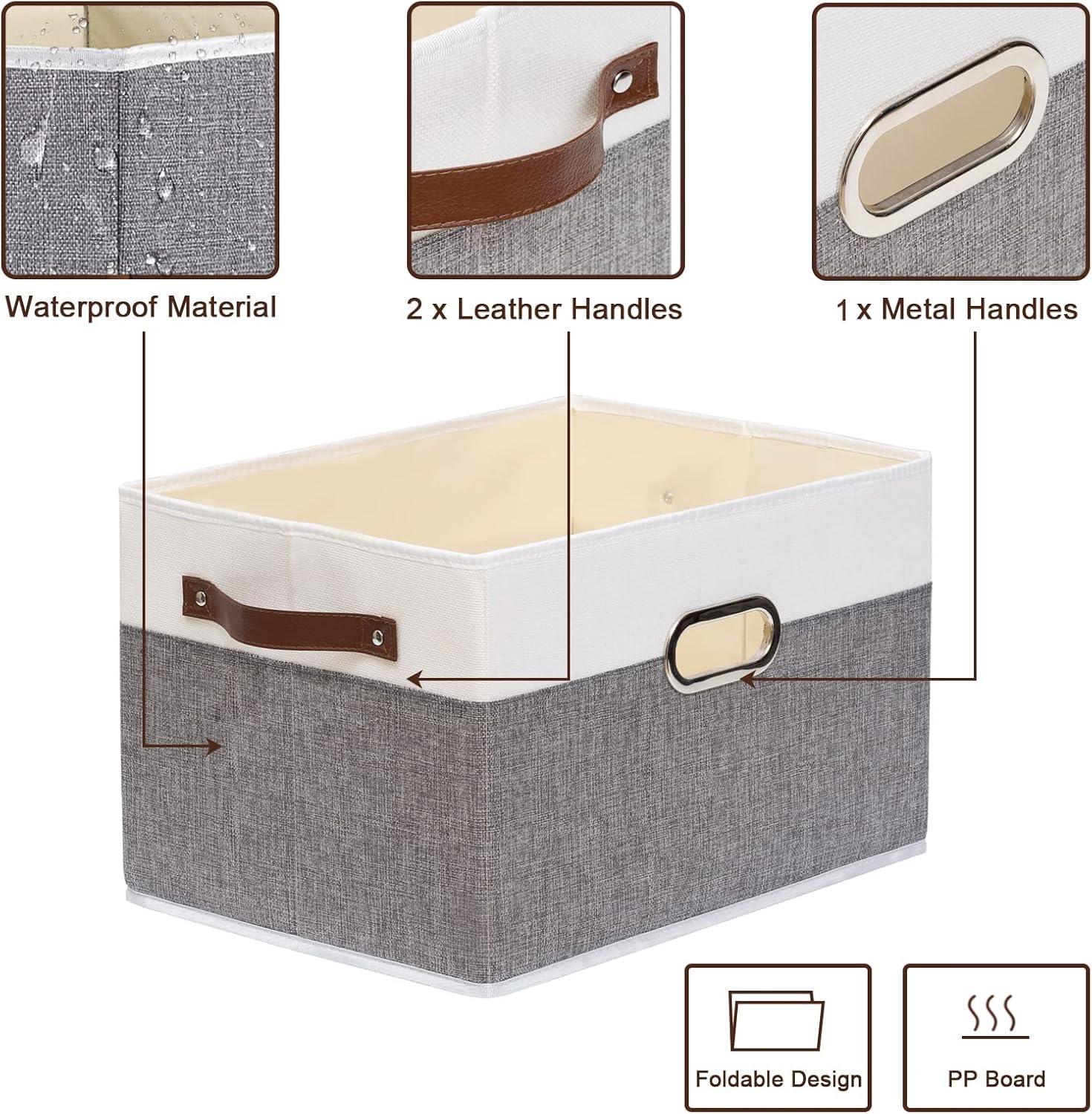 White and Gray Canvas Foldable Storage Bins with Handles, 6-Pack