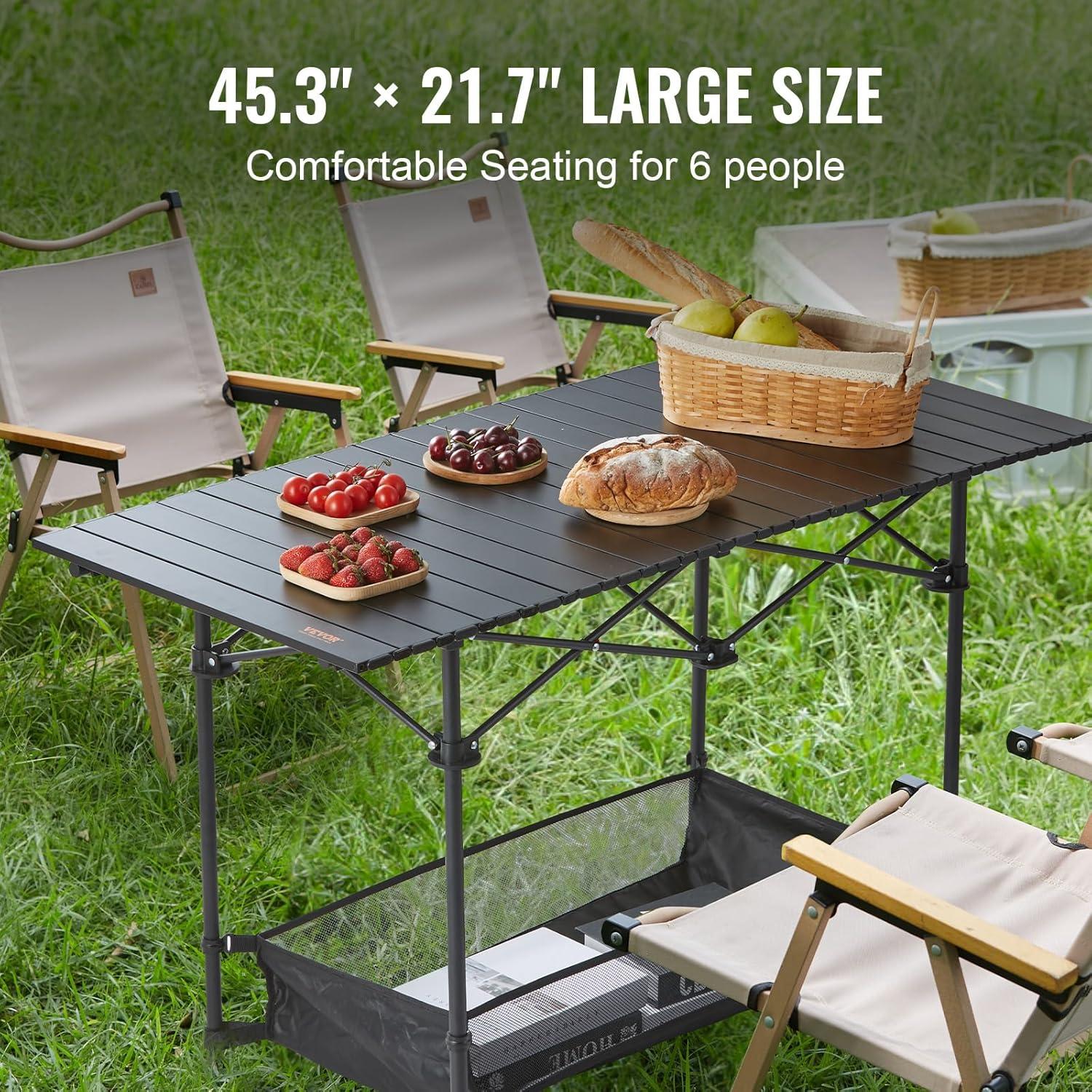 Black Aluminum Folding Camping Table with Storage Net, 45'' x 22''