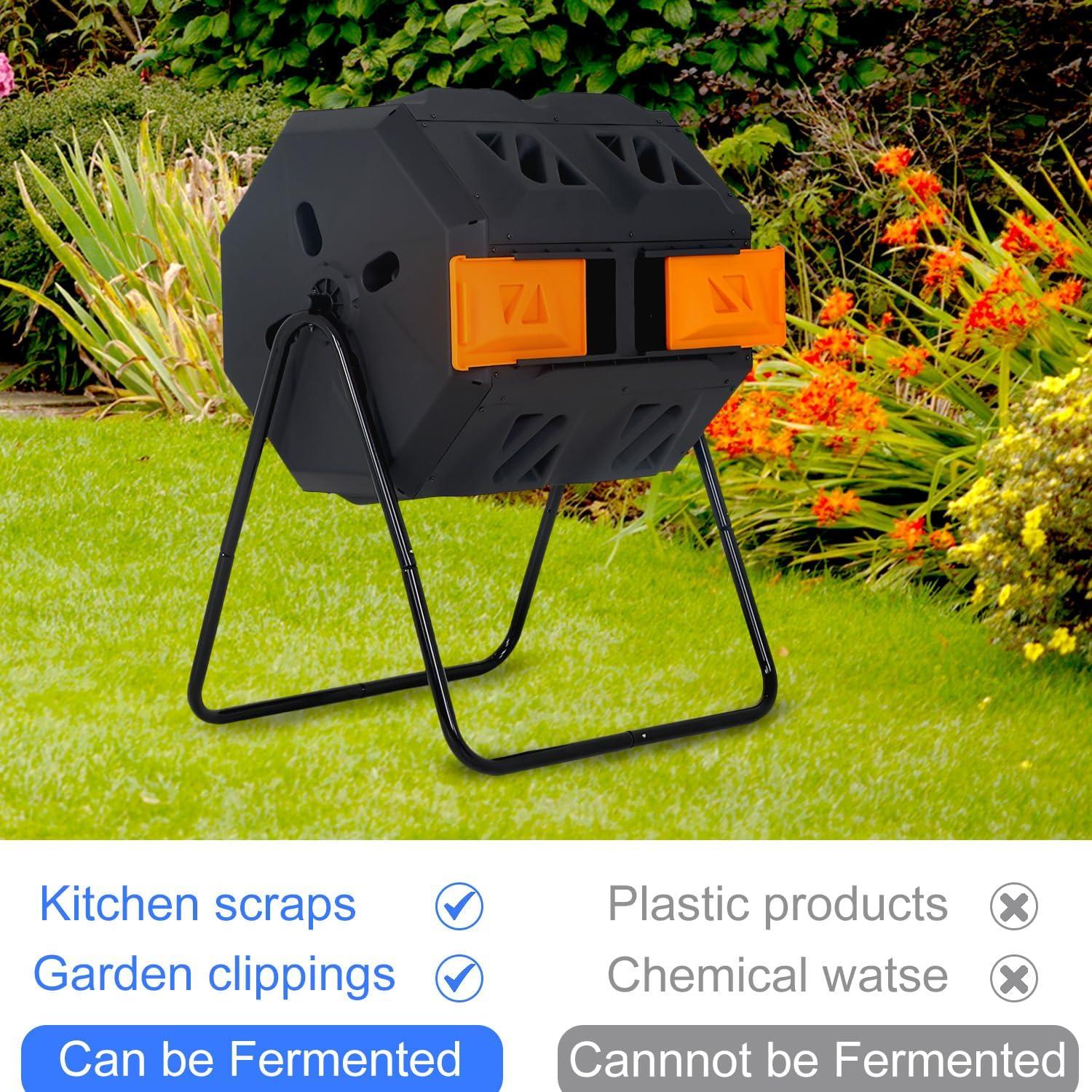 CL.HPAHKL Outdoor Compost Bin, 43 Gallon Dual Tumbling Composter Rotating Composting Bin Compost Tumbler for Garden Patio Kitchen Yard, Black Door