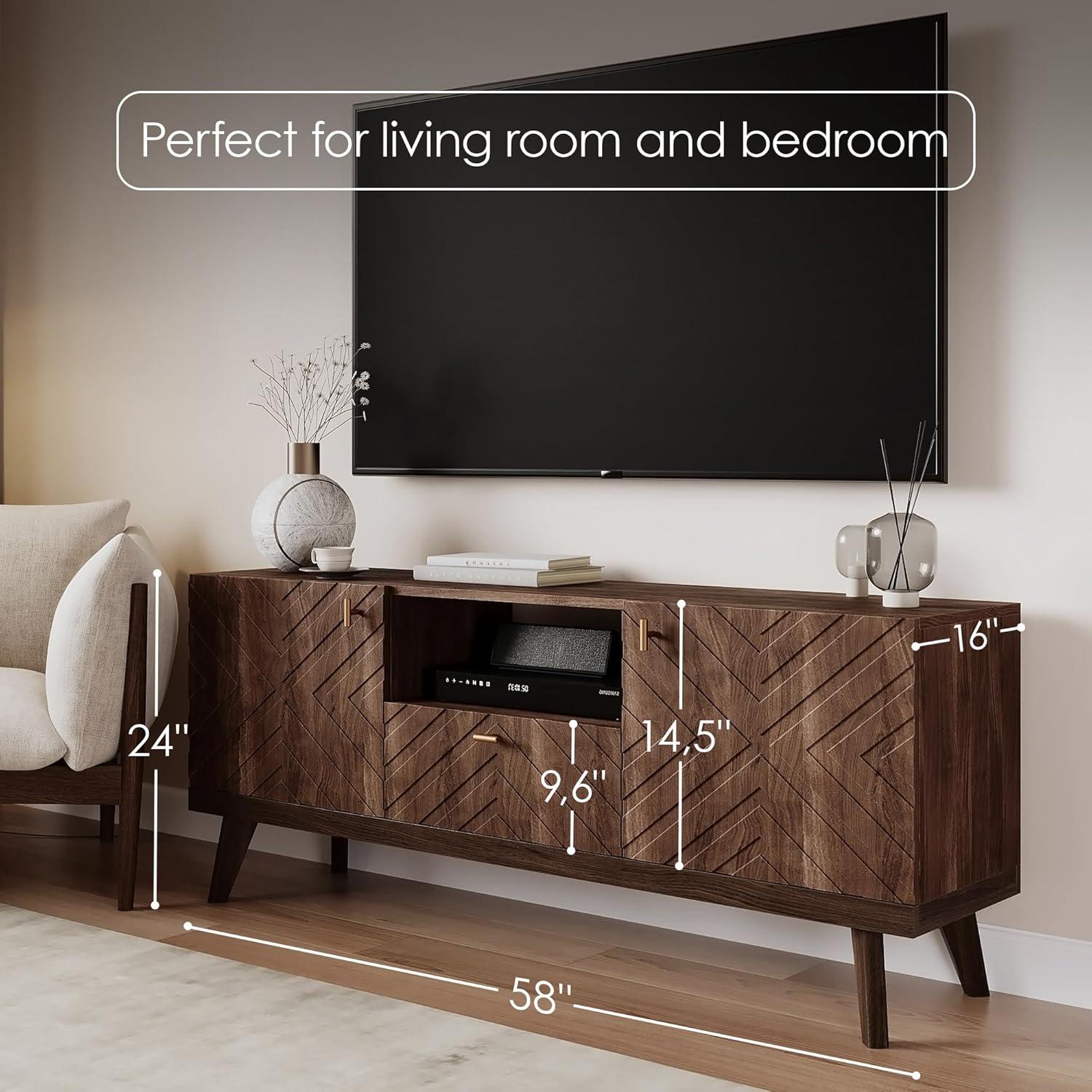 Living Skog  Alba Beige TV Stand Console with Drawer Fits TV's up to 65 in. with Wood Legs Mid Century Modern Design Beige Laminate Up to 240 lbs