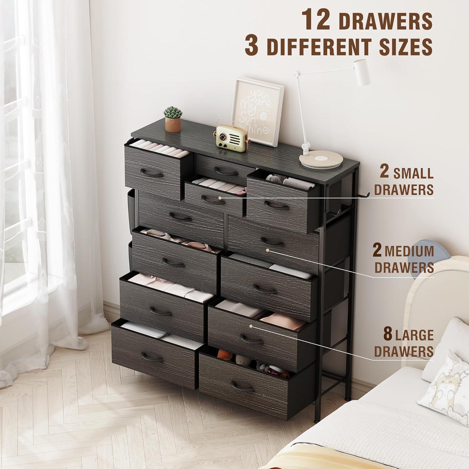 Black Tall Dresser with 12 Fabric Drawers and Side Pockets