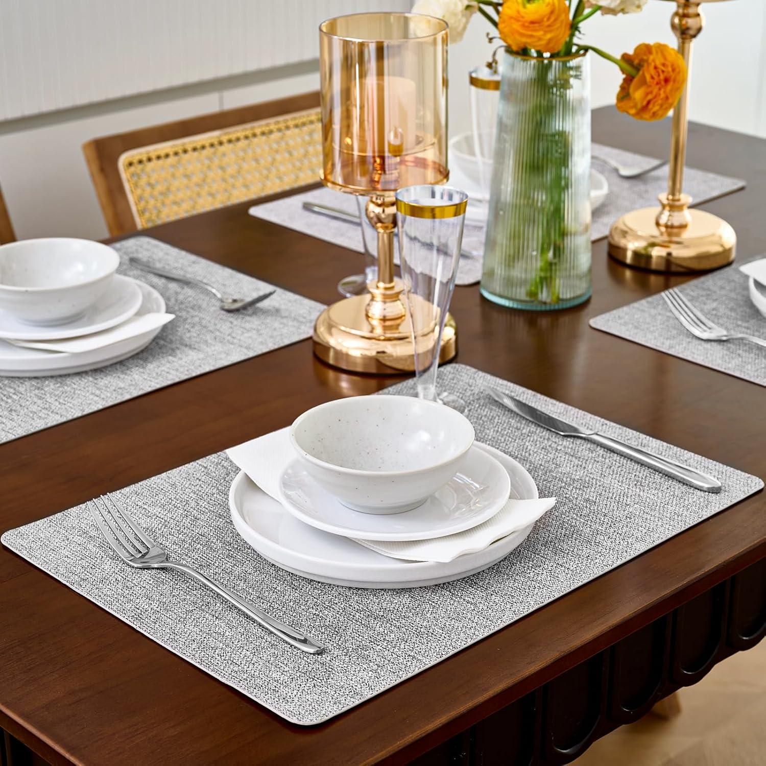 FOCUSLINE Faux Leather Placemats Set of 6, Light Grey Table Place Mats, Waterproof and Non-Slip Dining Table Mats for Indoor & Outdoor Use