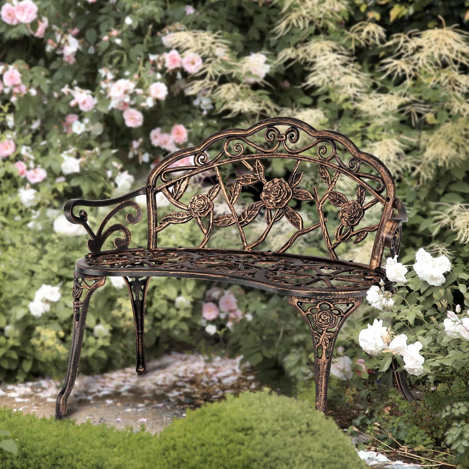 VINGLI 38.5" Patio Park Garden Outdoor Metal Rose Bench,Cast Iron Cast Aluminium Frame Antique Finish Chair,Accented Lawn Front Porch Path Yard Decor Deck Furniture for 2 Person SeatBronze