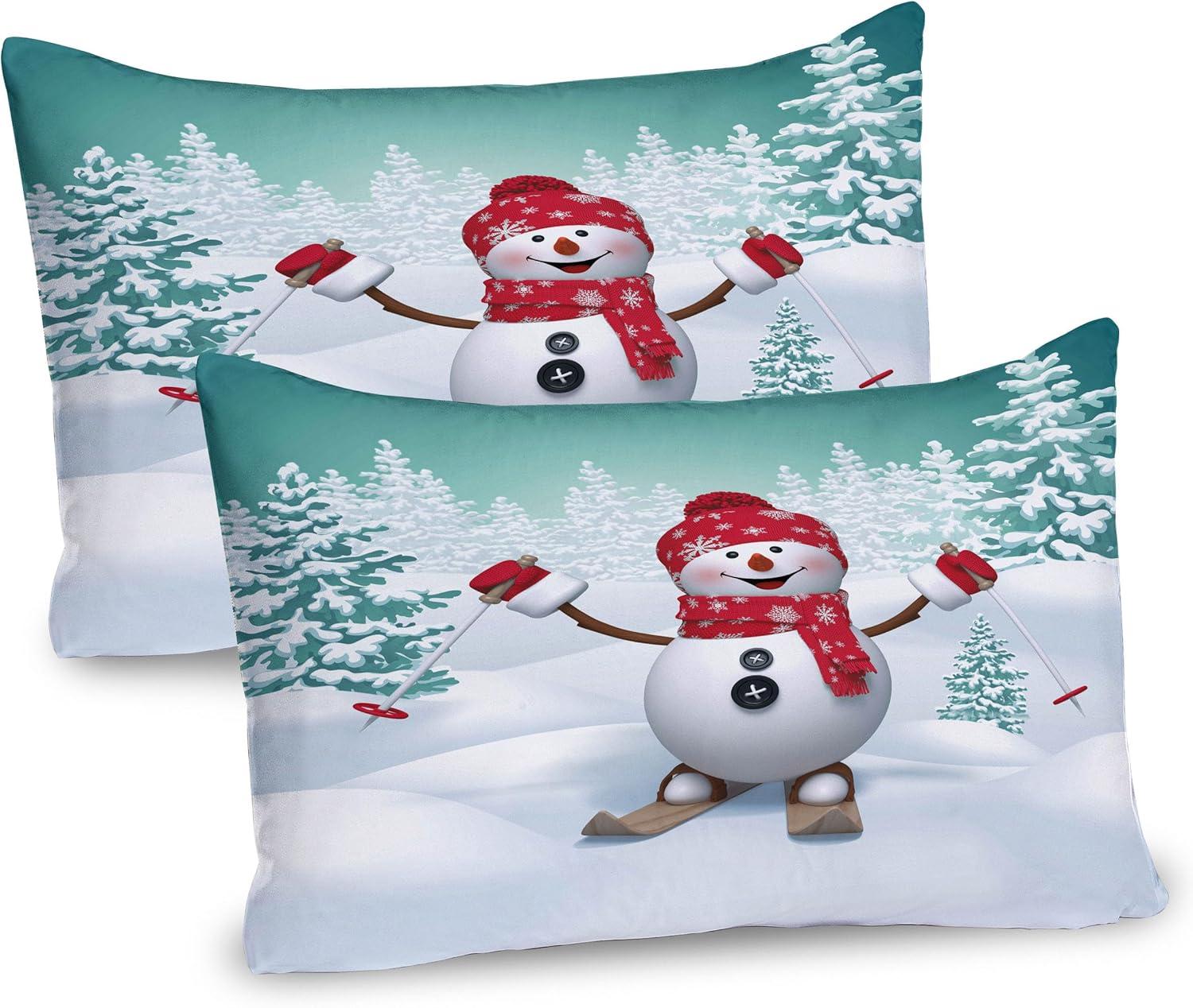 Ambesonne Christmas Pillow Sham 2 Pack Skiing Snowman Trees Teal Red White