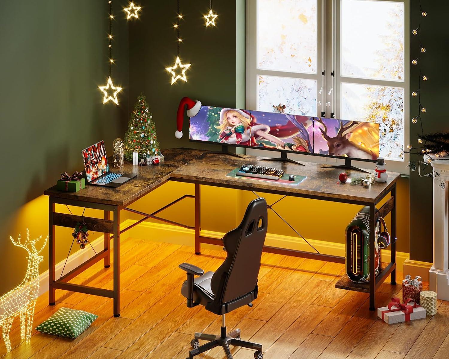 Vintage L-Shaped Wood and Metal Gaming Desk with Power Outlet