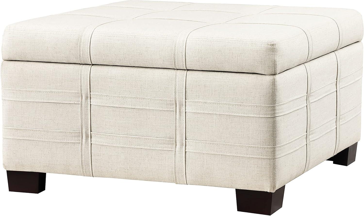 Detour Strap Square Storage Ottoman in Linen White Fabric