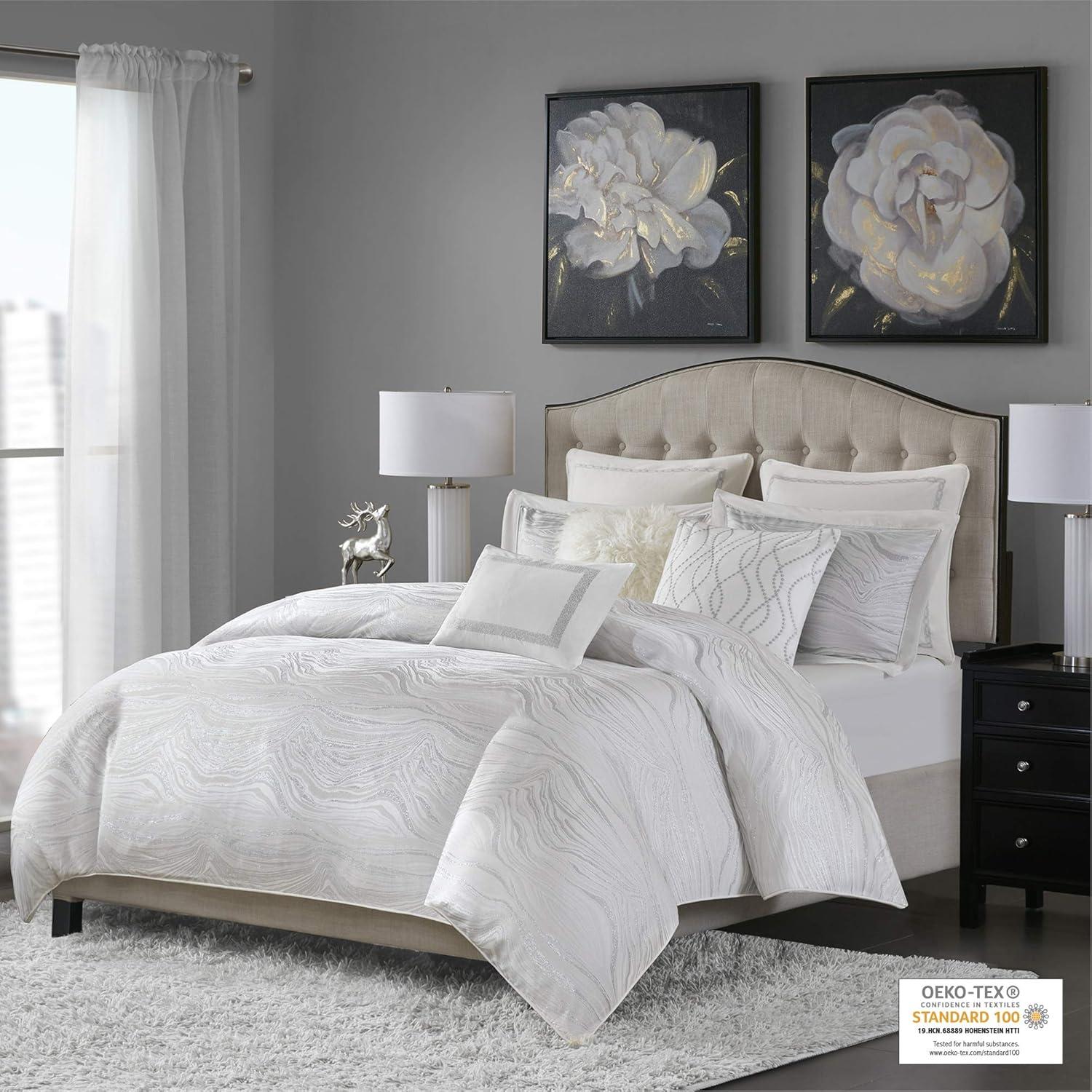 Hollywood Glam White Jacquard Queen Comforter Set with Embroidered Pillows