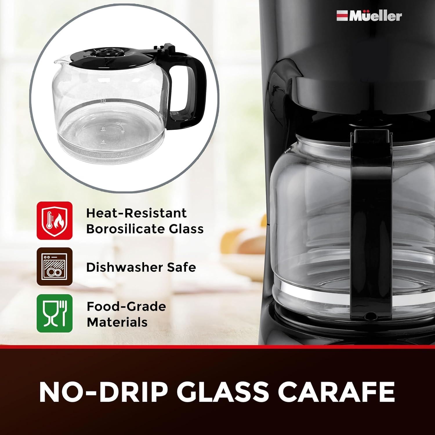 Mueller 12-Cup Drip Coffee Maker - Borosilicate Carafe, Auto-Off, Reusable Filter, Anti-Drip, Keep-Warm Function, Clear Water Level Window Coffee Machine, Kitchen Essentials & Accessories