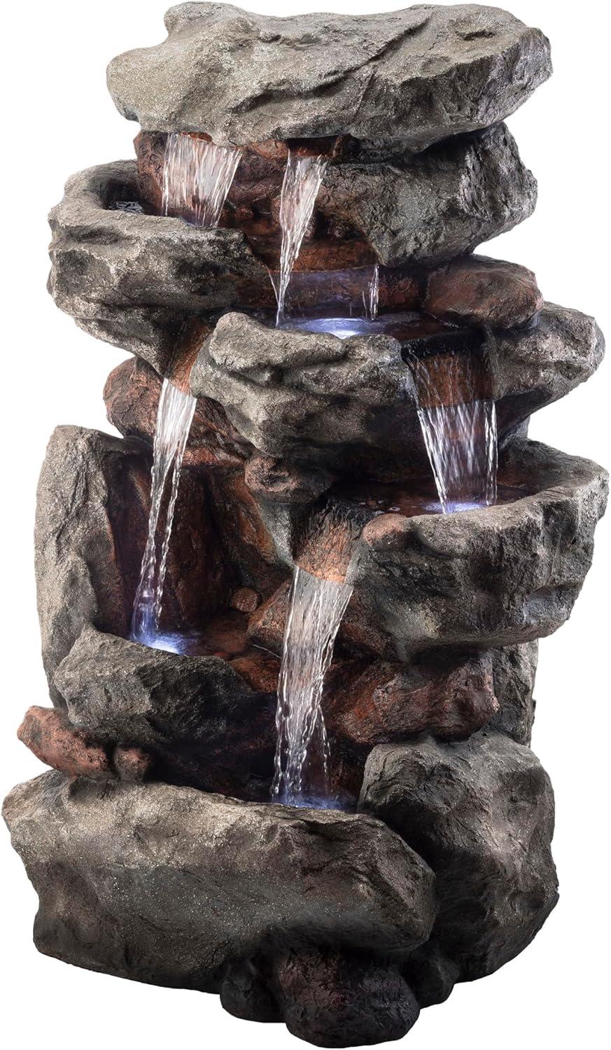 52" Resin Rainforest Rock Tiered Fountain with LED Lights Bronze - Alpine Corporation: Outdoor Garden Decor, Weatherproof