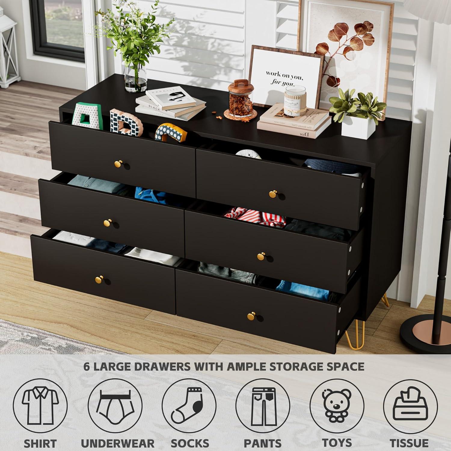 Black Dresser for Bedroom, Modern 6 Drawer Dresser, Wide Chest of Drawers with Gold Handles, Wood Double Dresser Storage Cabinet for Living Room, Bedroom, Hallway