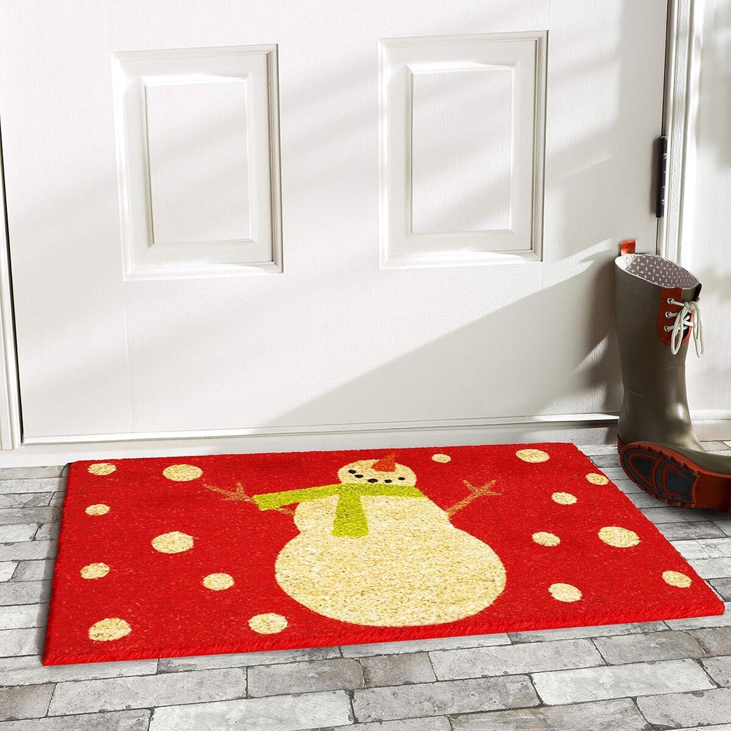 Festive Red and Green Coir Snowman Outdoor Christmas Doormat
