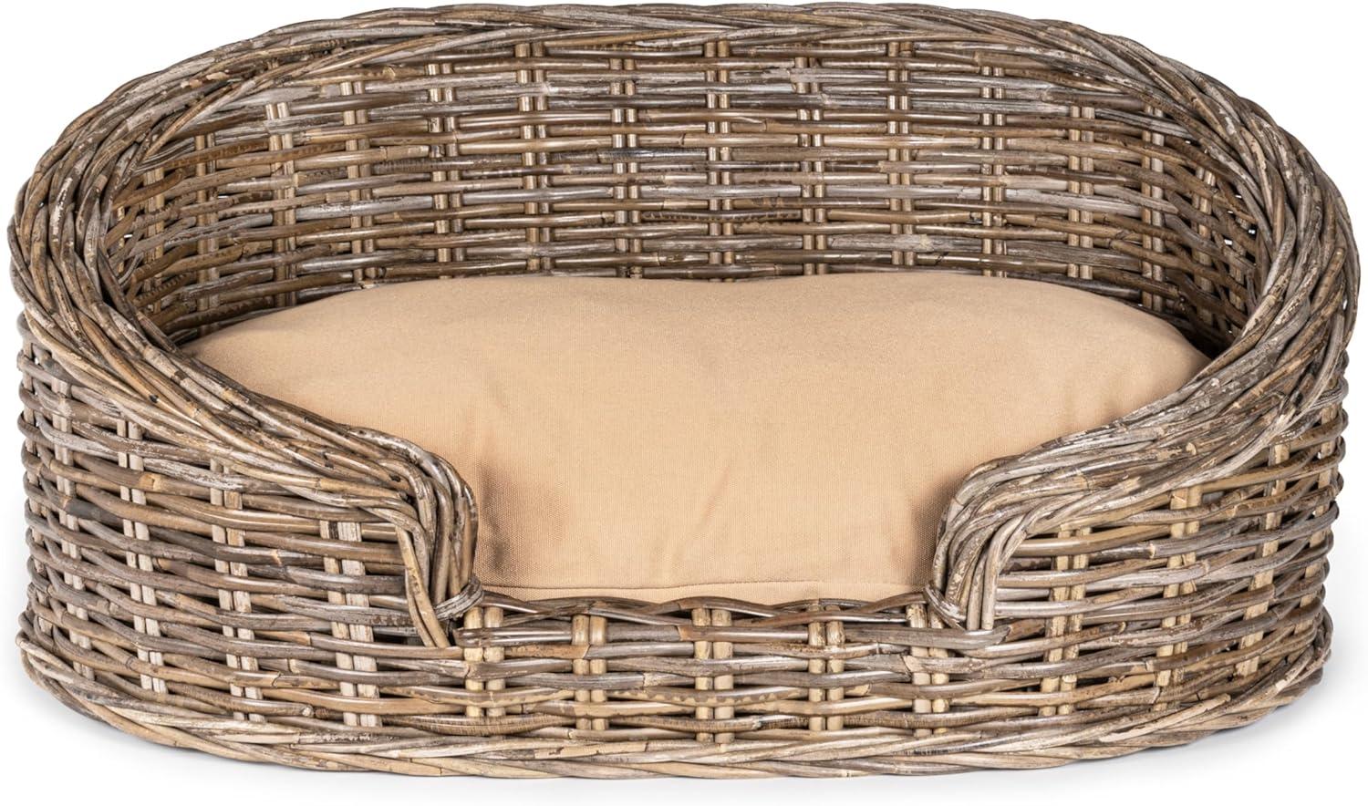 Elevated 27.5" x 17" Bohemian Handwoven Rattan Dog Daybed with Machine-Washable Cushion, Natural