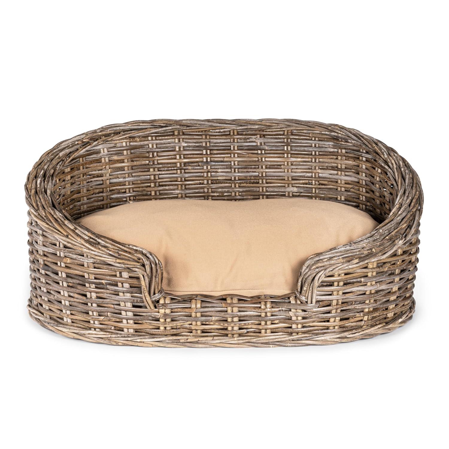 Elevated 27.5" x 17" Bohemian Handwoven Rattan Dog Daybed with Machine-Washable Cushion, Natural