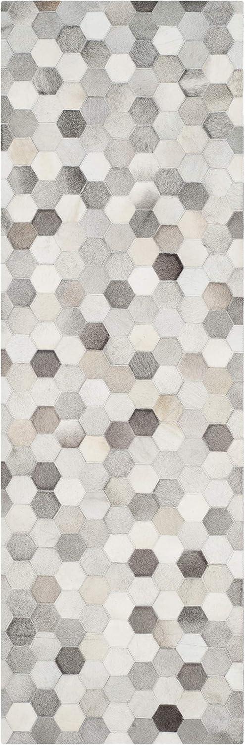 Ivory and Gray Handmade Geometric Cowhide Runner Rug