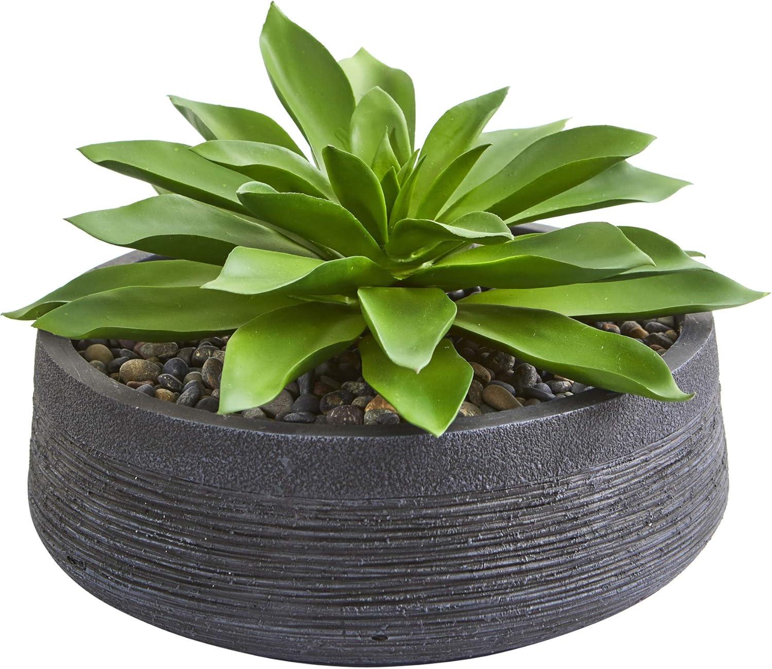 Large Green Plastic Succulent in Textured Iron Bowl