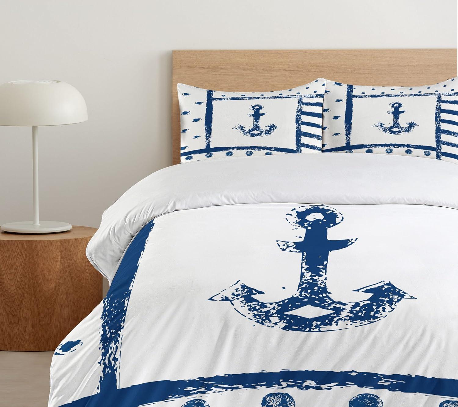 Anchor Twin Size Duvet Cover Set, Grunge Murky Boat Anchor Silhouette with Polka and Stripe Retro Navy Theme Art, Decorative 2 Piece Bedding Set with 1 Pillow Sham, Dark Blue White, by Ambesonne