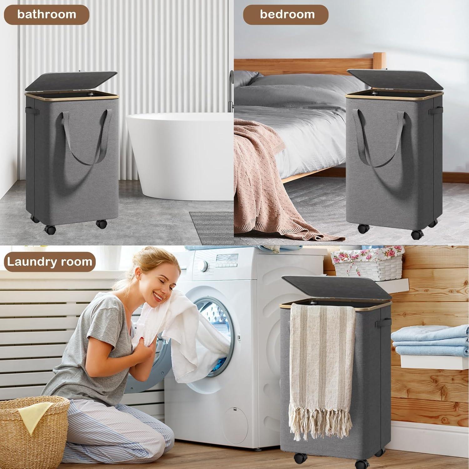 Efluky Laundry Basket with Lid and Removable Bag, 100L Tall Laundry Hamper with Bamboo Handles, Aesthetic Dirty Clothes Bin for Laundry Room, Bathroom, Bedroom and Dorm,Grey